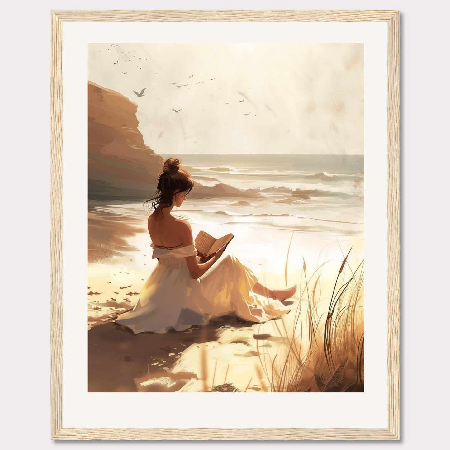 This serene artwork depicts a woman in a white dress sitting on a sandy beach, engrossed in a book. The sun casts a warm golden glow over the scene, enhancing the tranquil atmosphere. In the background, waves gently crash against the shore, and birds soar in the sky.