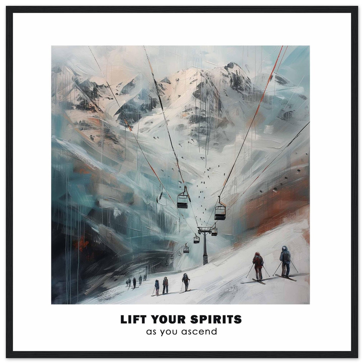 This image showcases a serene mountain landscape with ski lifts ascending towards snowy peaks. The scene features skiers at the base, ready to embark on their journey up the slopes.