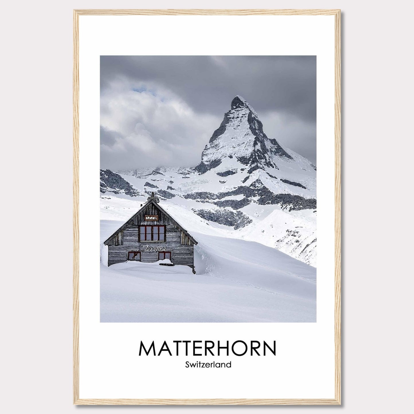 This stunning photograph captures the iconic Matterhorn in Switzerland, with a charming wooden cabin nestled in the snow-covered landscape. The majestic peak rises dramatically against a cloudy sky, creating a breathtaking scene of natural beauty.