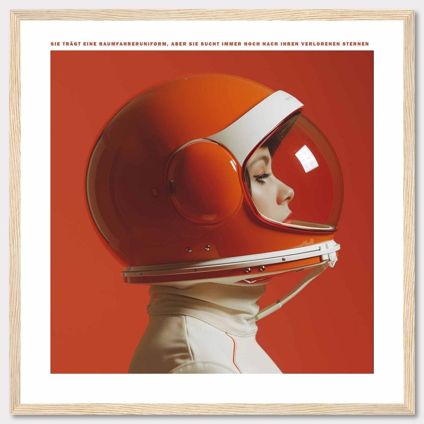 This striking image features a person wearing a vibrant orange astronaut helmet, set against a matching orange background. The profile view captures a sense of contemplation and exploration.