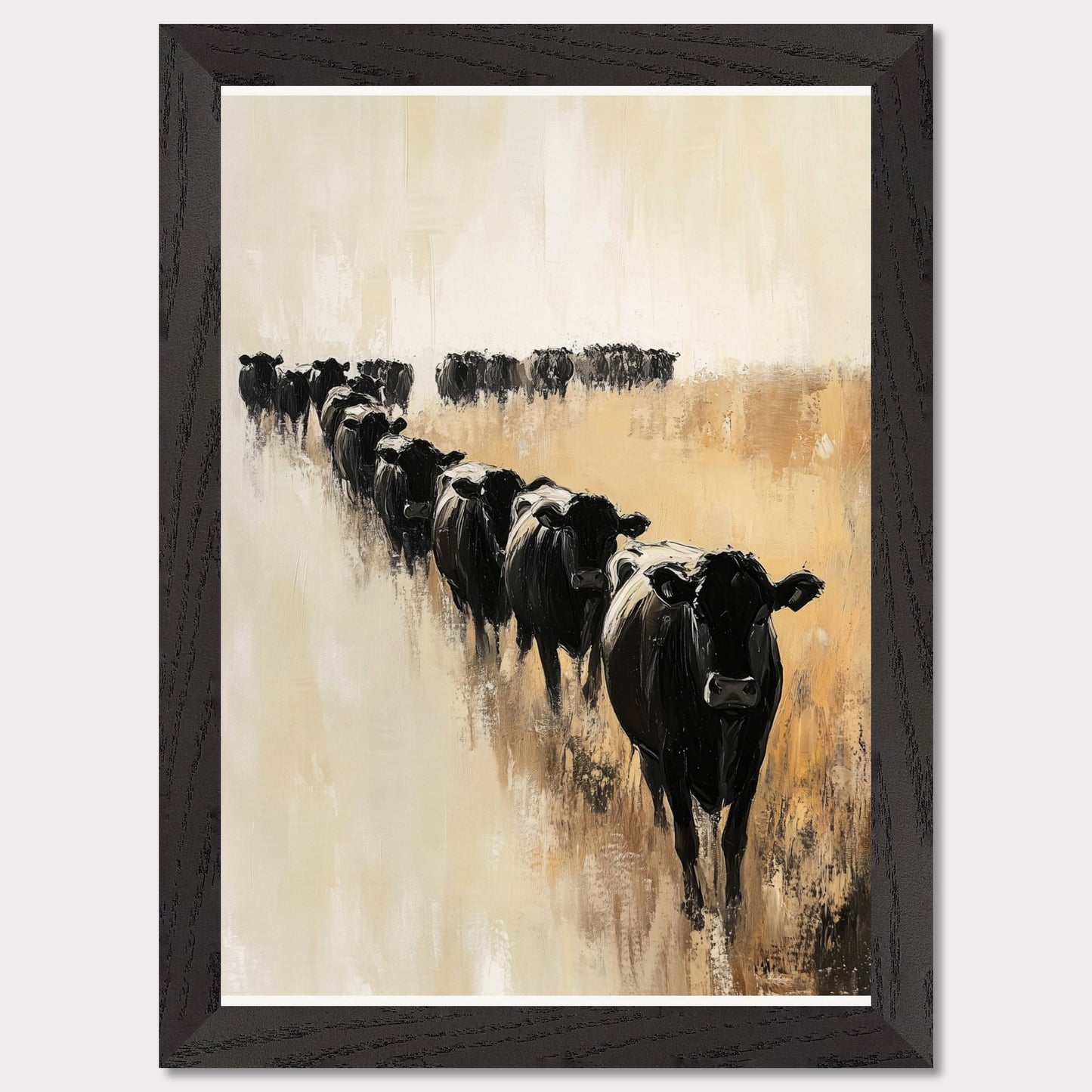 This captivating artwork portrays a herd of black cows walking in a line across a serene, golden field. The abstract brush strokes and muted color palette evoke a sense of calm and tranquility.