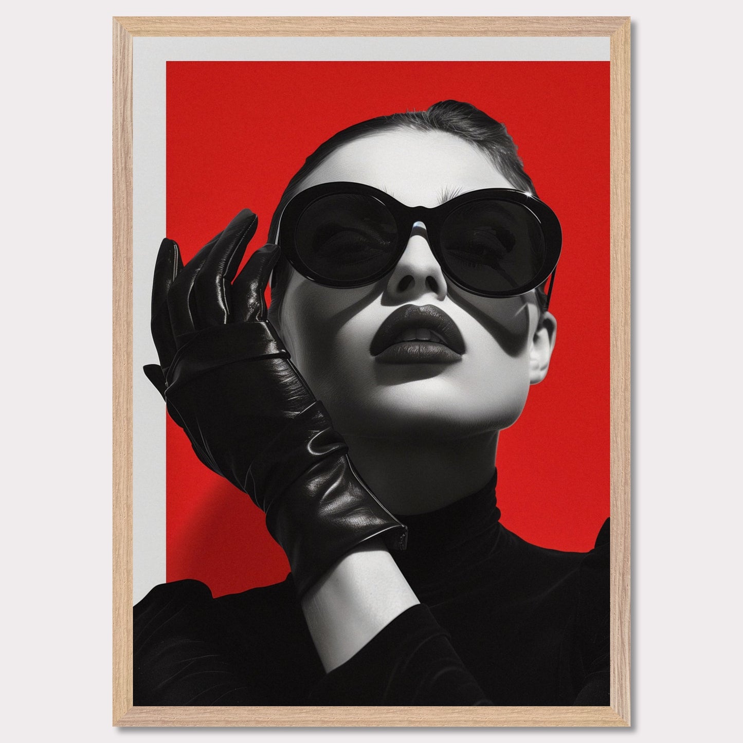 This striking black and white portrait features a stylish woman against a bold red background. Her look is accentuated by oversized sunglasses, dark lipstick, and sleek leather gloves, exuding an air of mystery and sophistication.