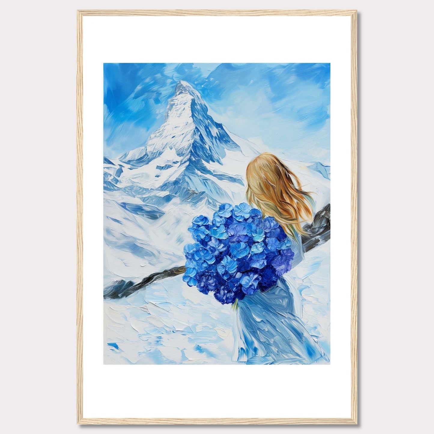 This captivating painting depicts a serene winter landscape with a majestic snow-covered mountain in the background. A woman with flowing blonde hair stands in the foreground, holding a vibrant bouquet of blue flowers. The sky is a brilliant shade of blue, complementing the snowy scenery.