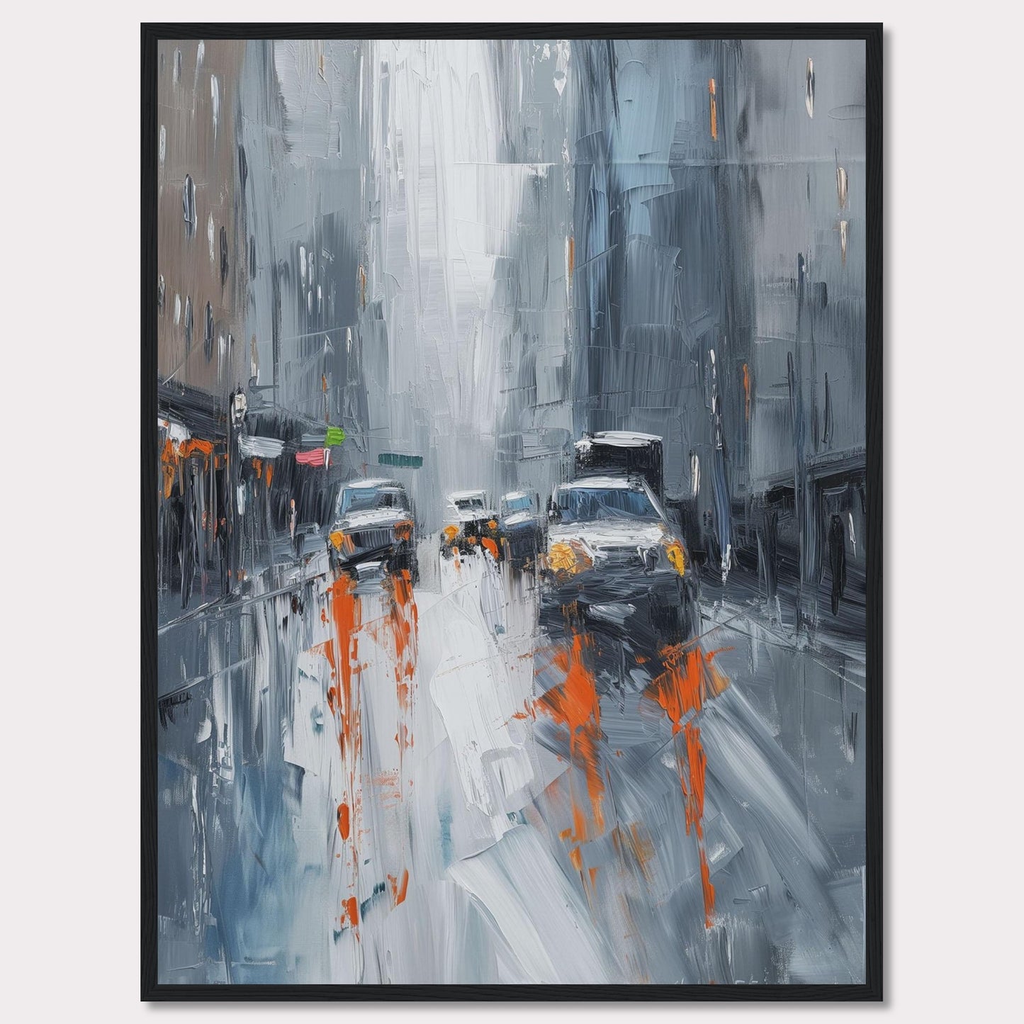 This captivating painting portrays a rainy city street with cars and buildings enveloped in a misty atmosphere. The artist uses bold brushstrokes and a muted color palette with pops of orange to depict the bustling urban scene.