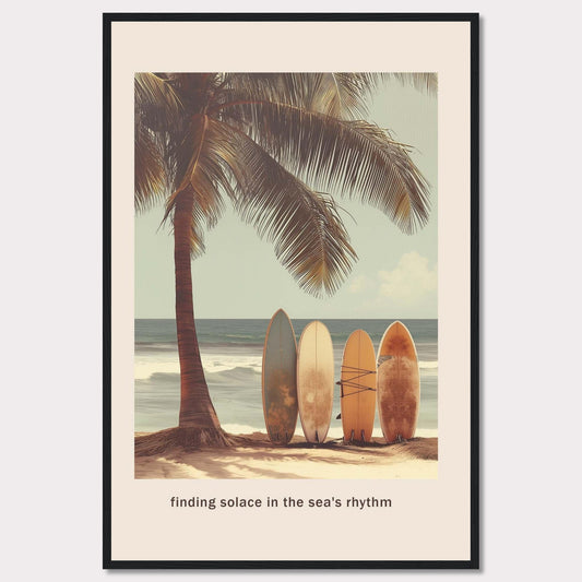 This image captures a serene beach scene with surfboards resting against a palm tree, inviting you to find peace in the ocean's rhythm.