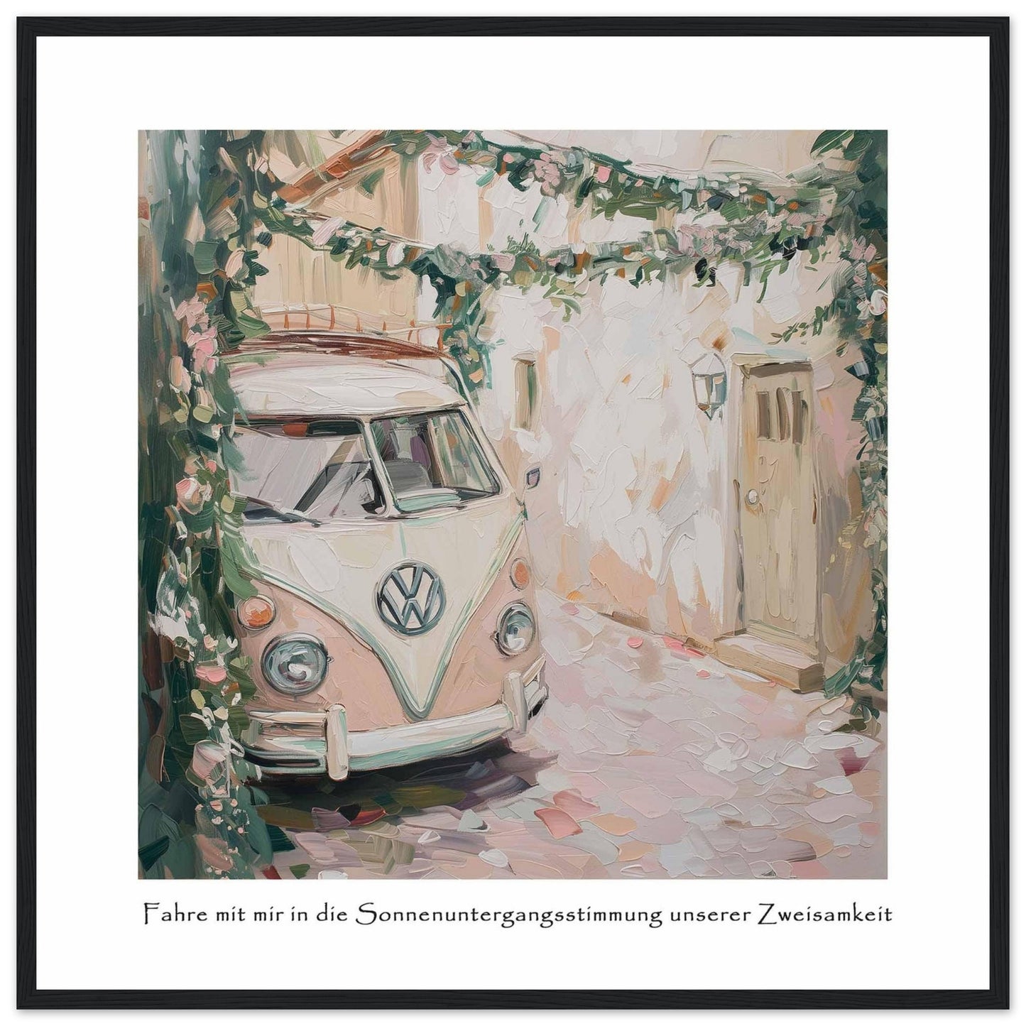 This charming painting depicts a vintage van parked in a quaint alleyway, surrounded by lush greenery and flowers. The soft pastel colors and impressionistic style create a dreamy, nostalgic atmosphere.