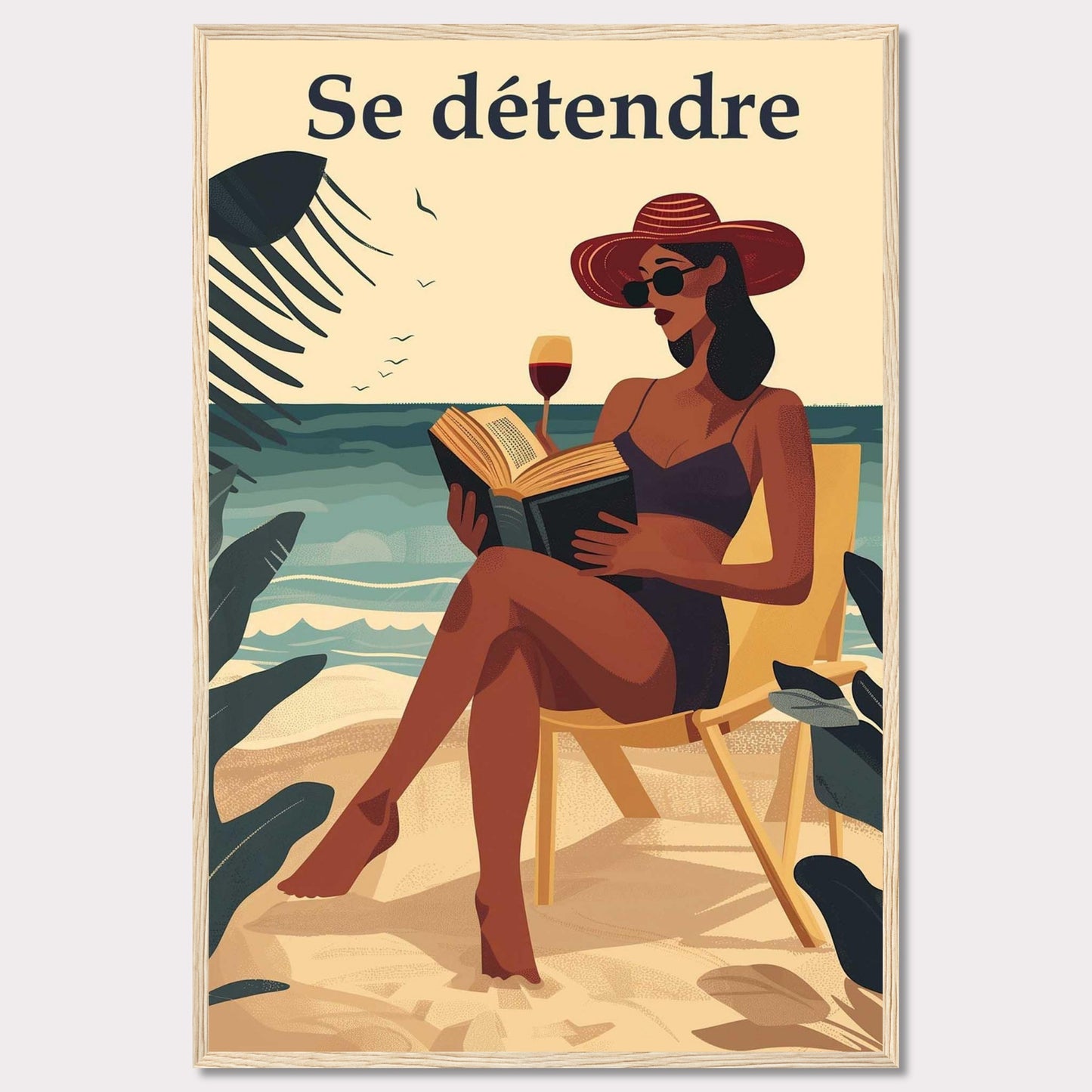 This illustration captures a serene beach scene with a woman relaxing on a chair, reading a book, and enjoying a glass of wine. The text "Se détendre" at the top translates to "Relax" in English.