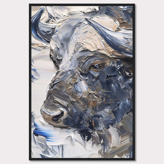 This stunning artwork captures the powerful essence of a bull through bold, textured brushstrokes. The painting's rich, earthy tones and dynamic use of color create a sense of strength and majesty.