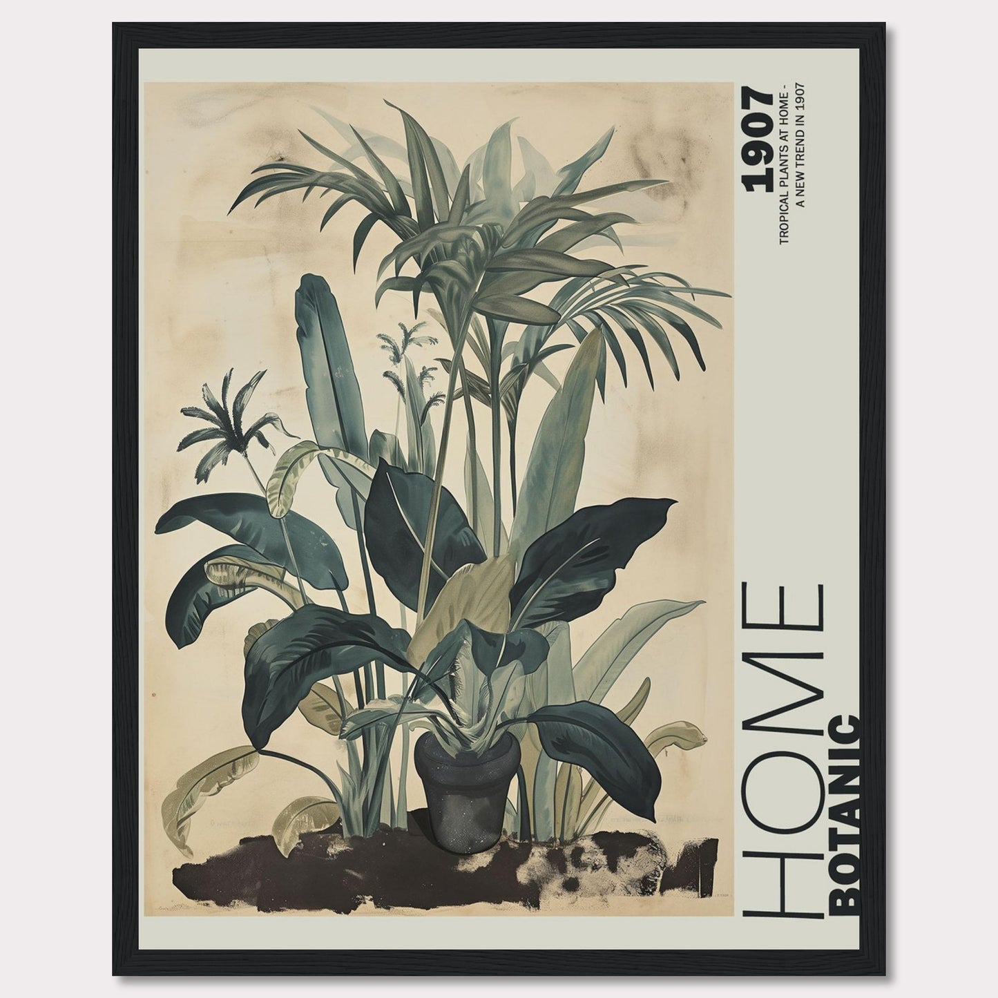 This image features a beautifully framed botanical art print showcasing lush tropical plants. The artwork has a vintage feel with muted green tones and intricate leaf details, giving it a timeless aesthetic. The text "HOME BOTANIC" and "1907" adds a touch of classic elegance to the piece.