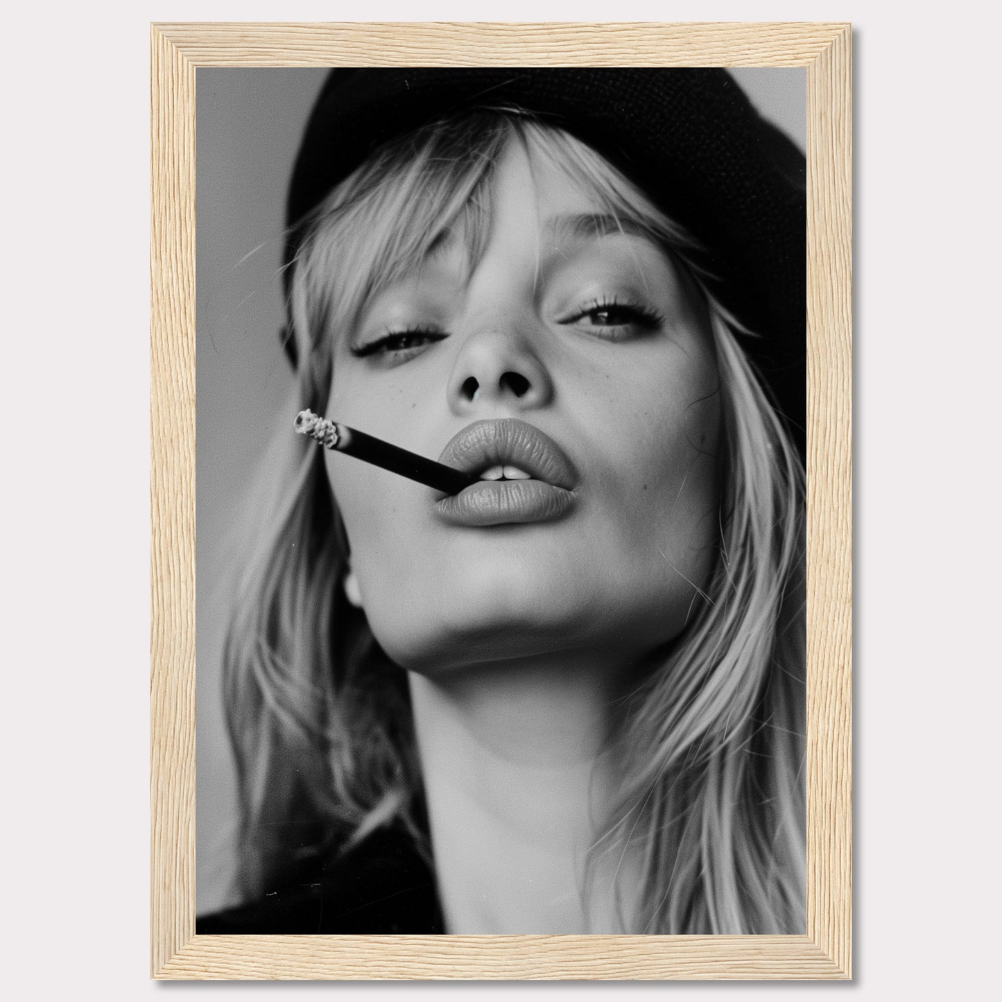 This striking black and white portrait captures a woman with a cigarette between her lips, exuding confidence and allure. Her intense gaze, slightly parted lips, and the casual placement of the cigarette create a bold and edgy aesthetic. The image is framed in a sleek black border, adding to its sophisticated appeal.