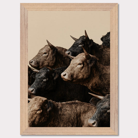 This illustration depicts a group of oxen with varying shades of brown and black fur, closely packed together against a plain beige background.

This poster will fit well in rustic or farmhouse-style interiors, animal-themed spaces, or art collections focusing on wildlife.