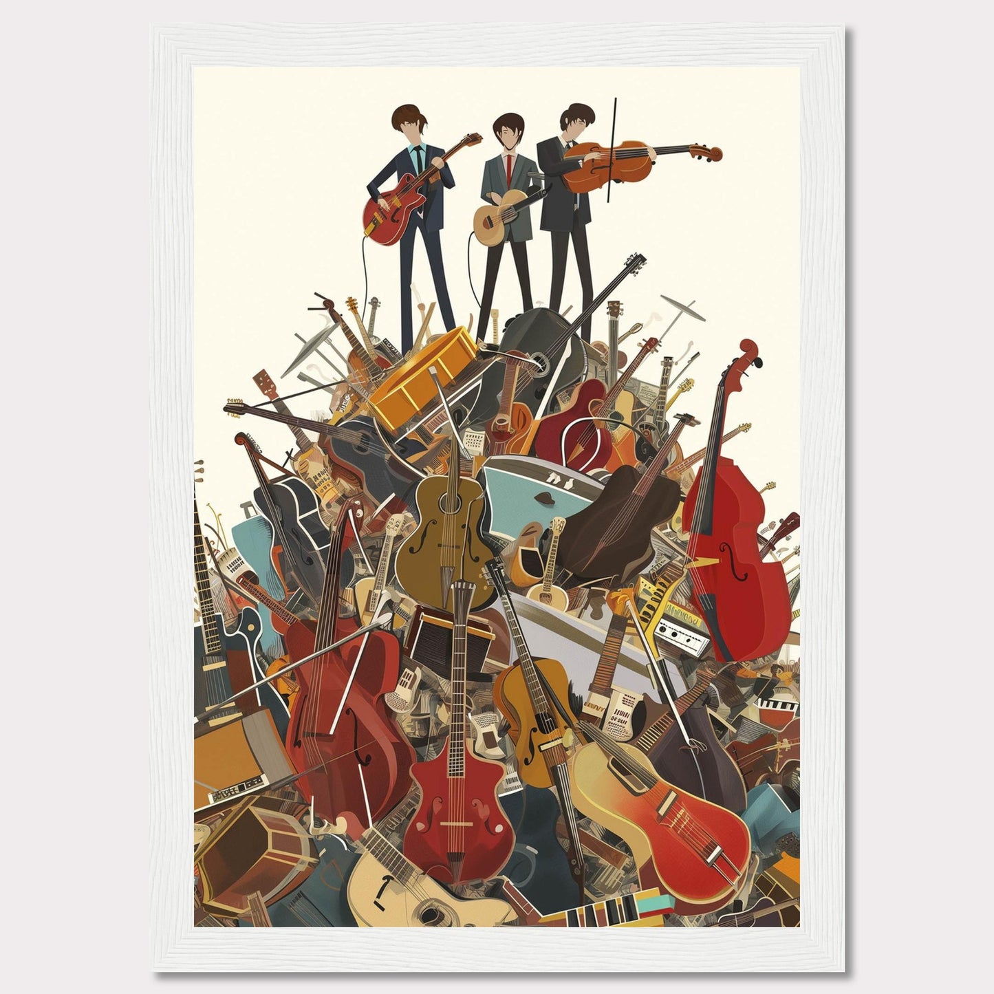 This vibrant illustration captures three musicians standing atop a towering pile of various musical instruments. The scene is filled with guitars, violins, cellos, drums, and more, creating a lively and energetic atmosphere.