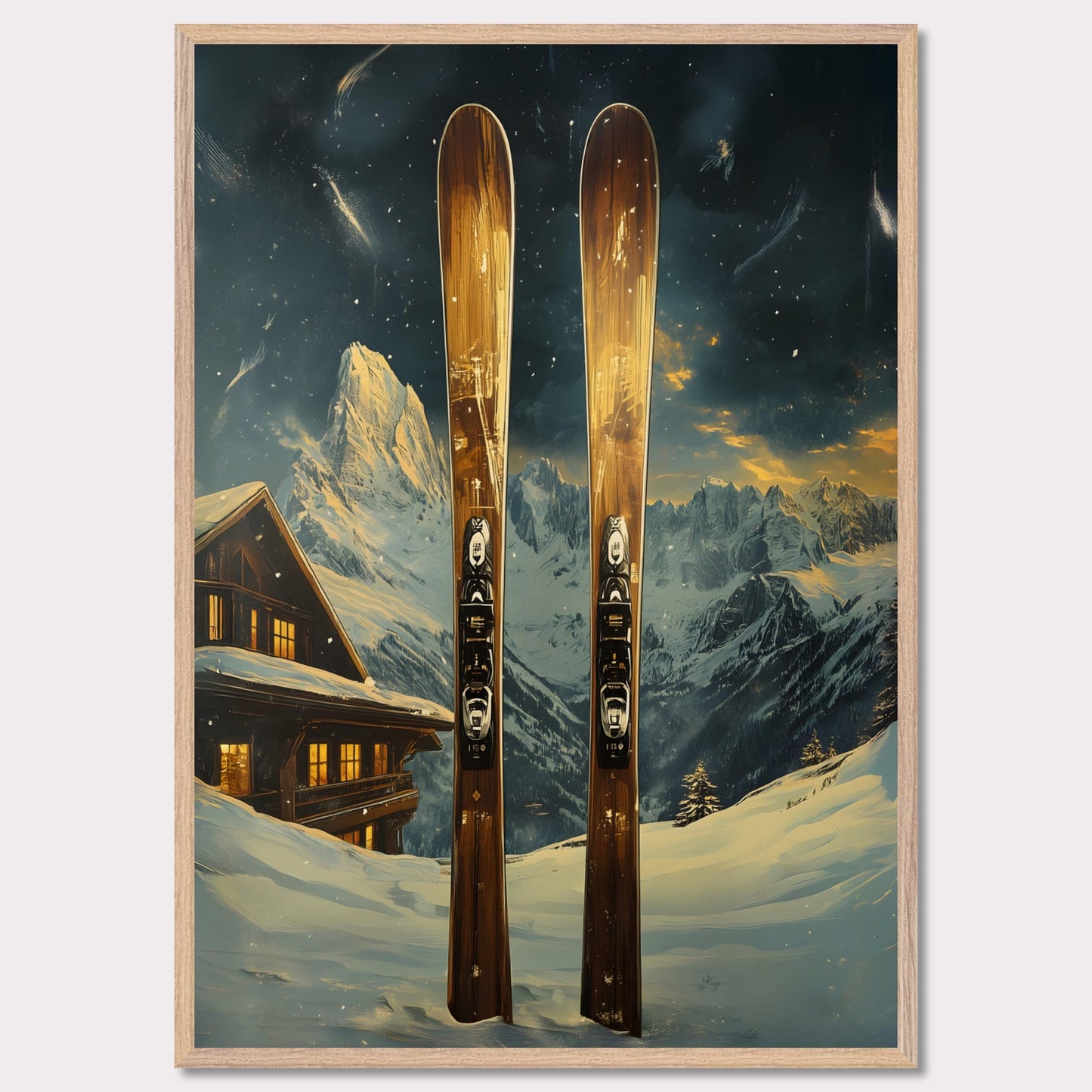 This dynamic poster showcases the exhilaration of a high-speed skiing adventure. Featuring a skier soaring off a powdery jump with a stunning panoramic view of rugged mountain ranges, it encapsulates the spirit of daring exploration and freedom. The vibrant energy of the scene is infectious.