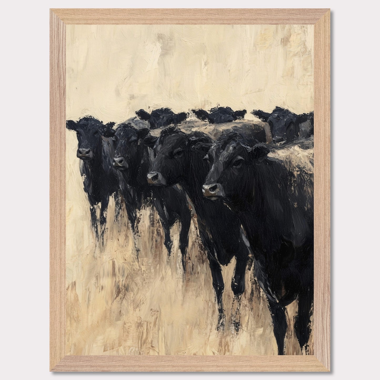 This captivating painting depicts a group of black cows standing together, evoking a sense of unity and strength. The textured brushstrokes and neutral background create a striking contrast, highlighting the animals' dark forms.