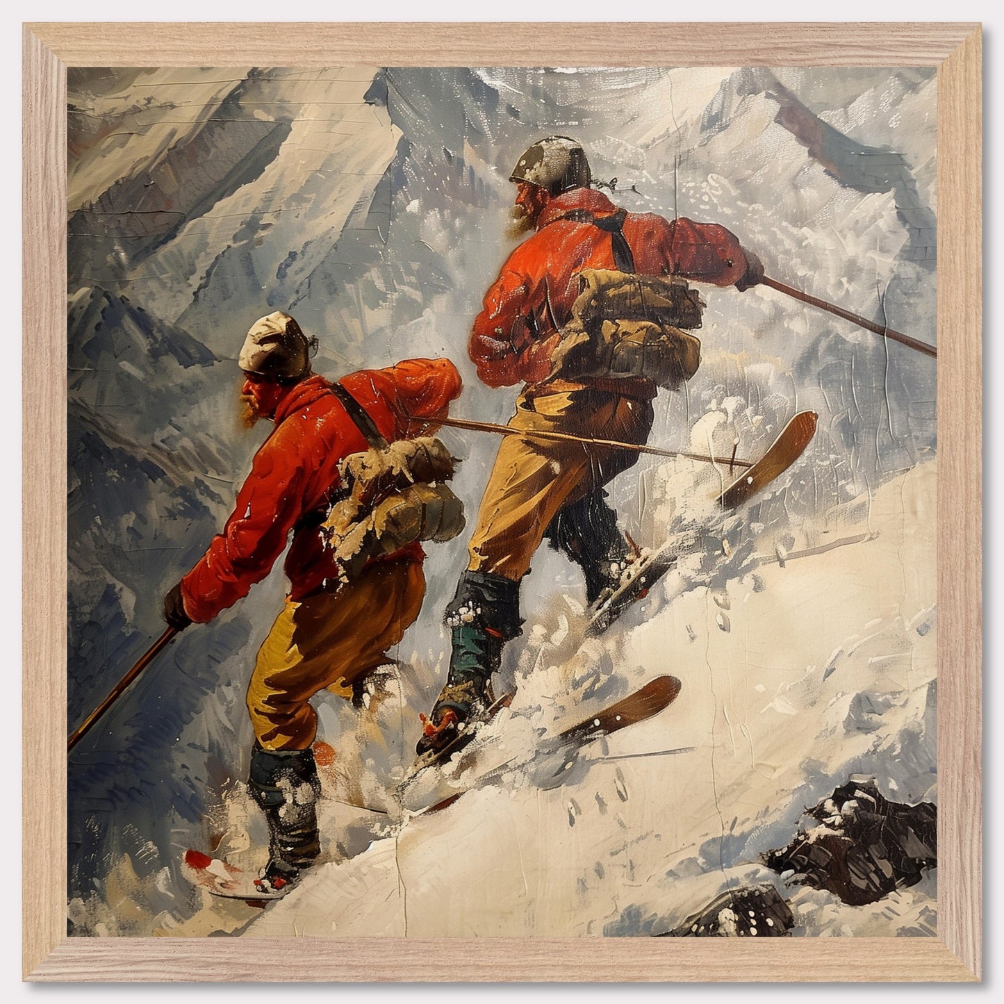 This captivating painting depicts two adventurers skiing down a steep, snowy mountain slope. They are dressed in bright red jackets and sturdy gear, emphasizing their readiness for the harsh conditions. The rugged mountain landscape in the background highlights the challenge and thrill of their descent.