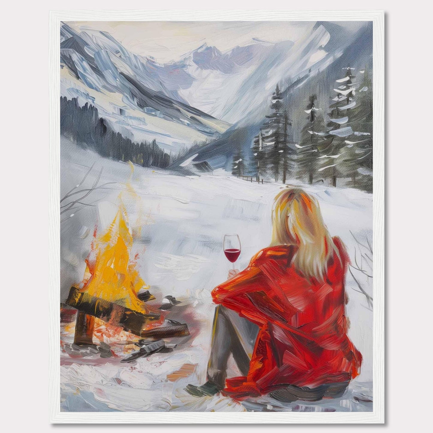 This painting captures a serene winter scene where a person in a red coat sits by a campfire, enjoying a glass of wine amidst a snowy landscape. The backdrop features majestic snow-covered mountains and evergreen trees.