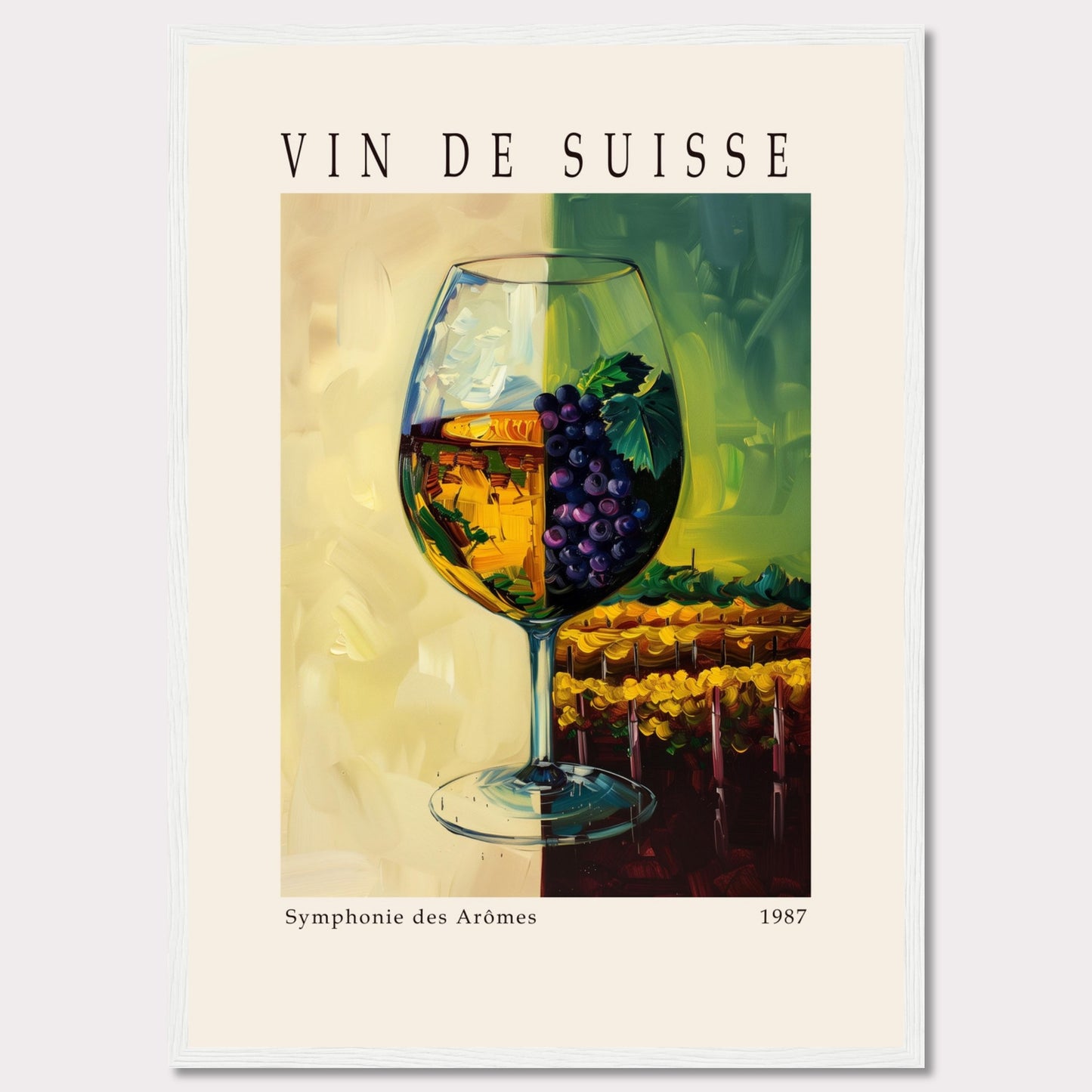 This vibrant poster showcases a wine glass filled with white wine, adorned with a cluster of purple grapes and green leaves. The background features a picturesque vineyard scene, split into two contrasting hues of yellow and green.