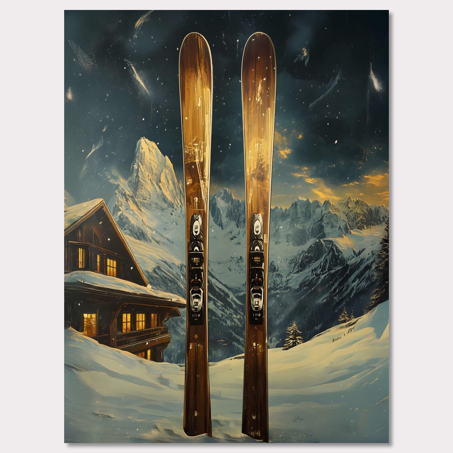 This dynamic poster showcases the exhilaration of a high-speed skiing adventure. Featuring a skier soaring off a powdery jump with a stunning panoramic view of rugged mountain ranges, it encapsulates the spirit of daring exploration and freedom. The vibrant energy of the scene is infectious.