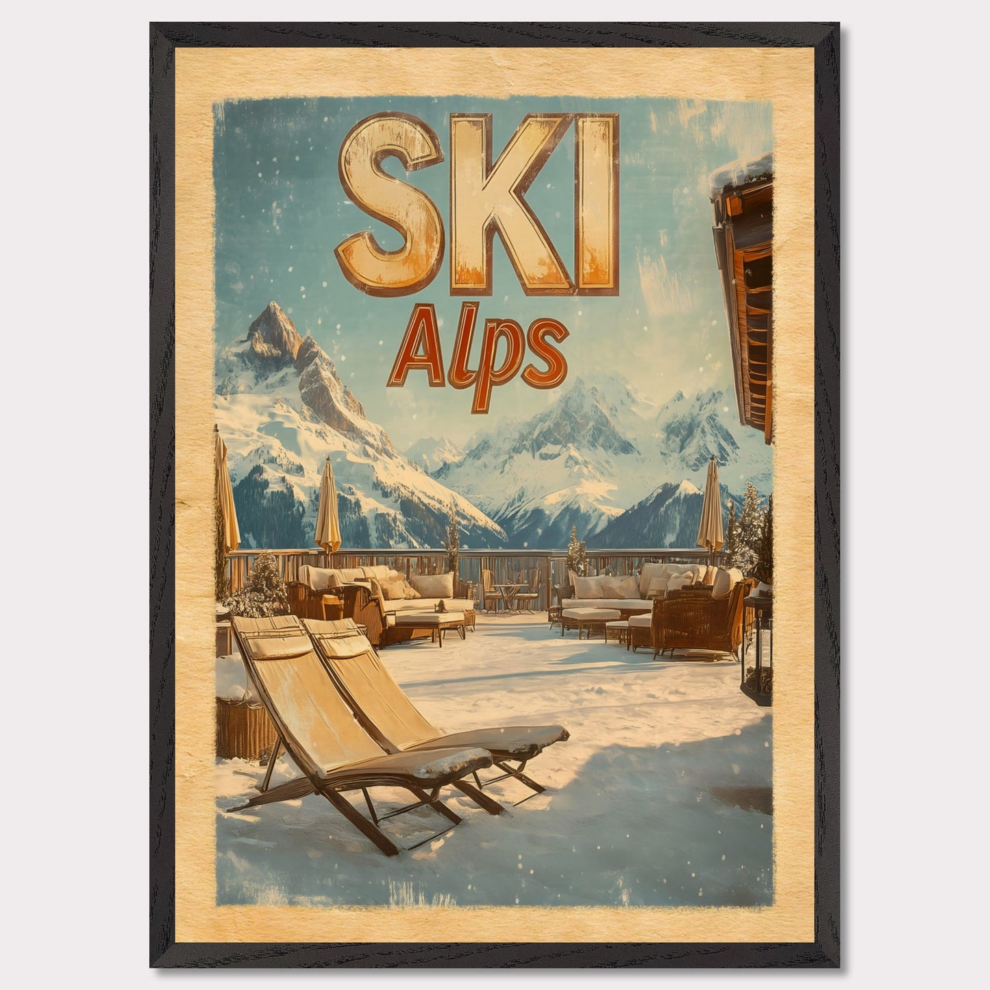 This captivating poster presents a luxurious alpine terrace overlooking majestic snowy peaks. The cozy lounge chairs, wooden railings, and soft golden light create an inviting winter escape. The serene atmosphere and breathtaking views evoke a sense of tranquility and connection to nature.