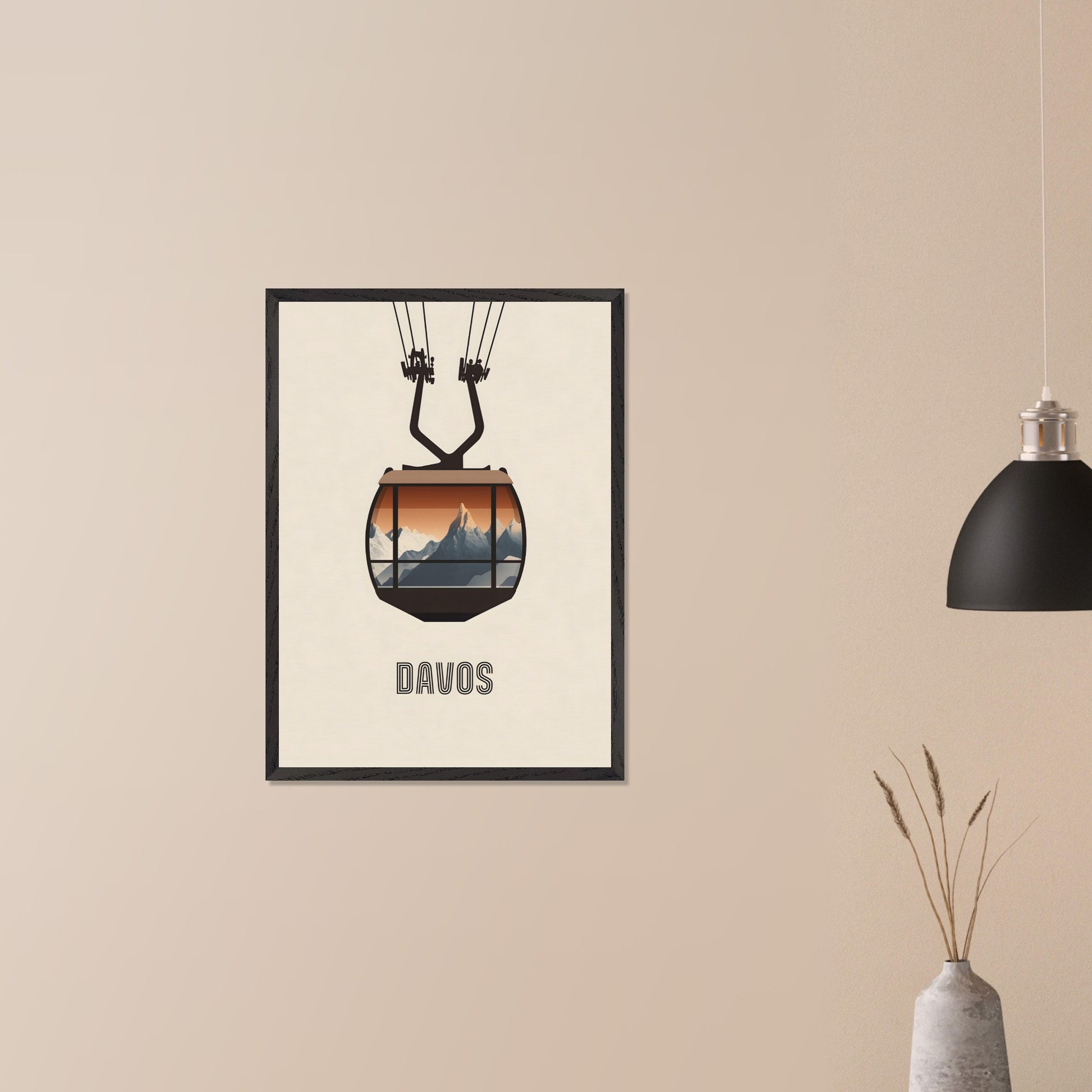 A striking minimalist poster featuring a cable car with a breathtaking view of the Swiss Alps. The warm tones contrast with the cool mountain peaks, evoking the excitement of alpine adventures.