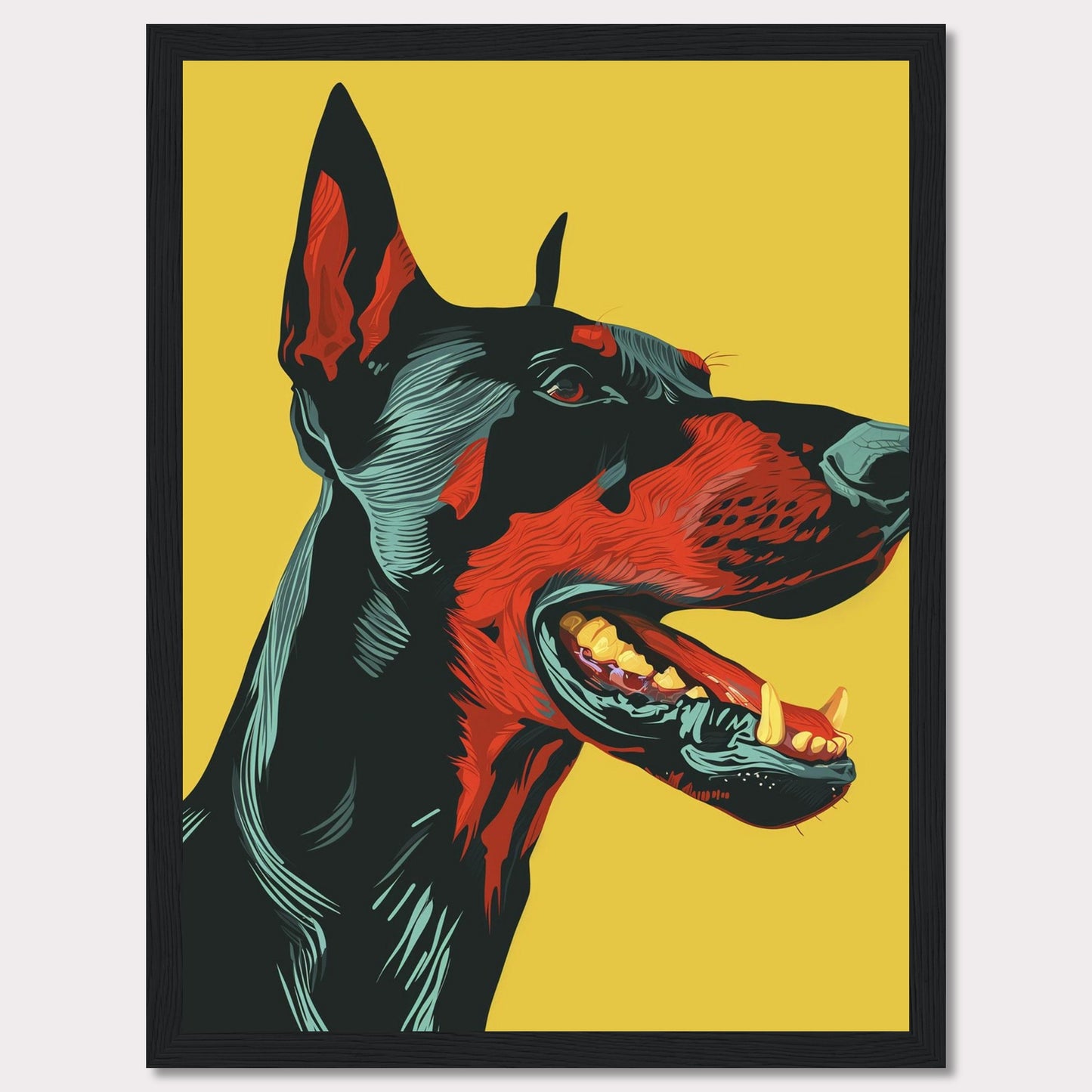 This vibrant artwork features a striking, stylized portrait of a Doberman against a bold yellow background. The detailed illustration showcases the dog's fierce expression with vivid red and black hues, emphasizing its strong and dynamic presence. The piece is framed in a sleek black border, enhancing its modern aesthetic.