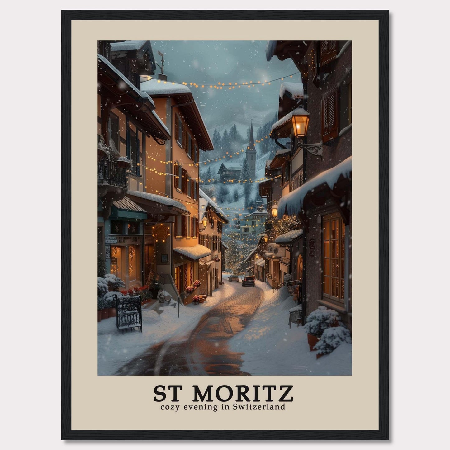 This photo showcases a charming winter evening in St. Moritz, Switzerland. The scene features snow-covered streets adorned with warm, glowing lights, quaint buildings with festive decorations, and a serene, picturesque ambiance.