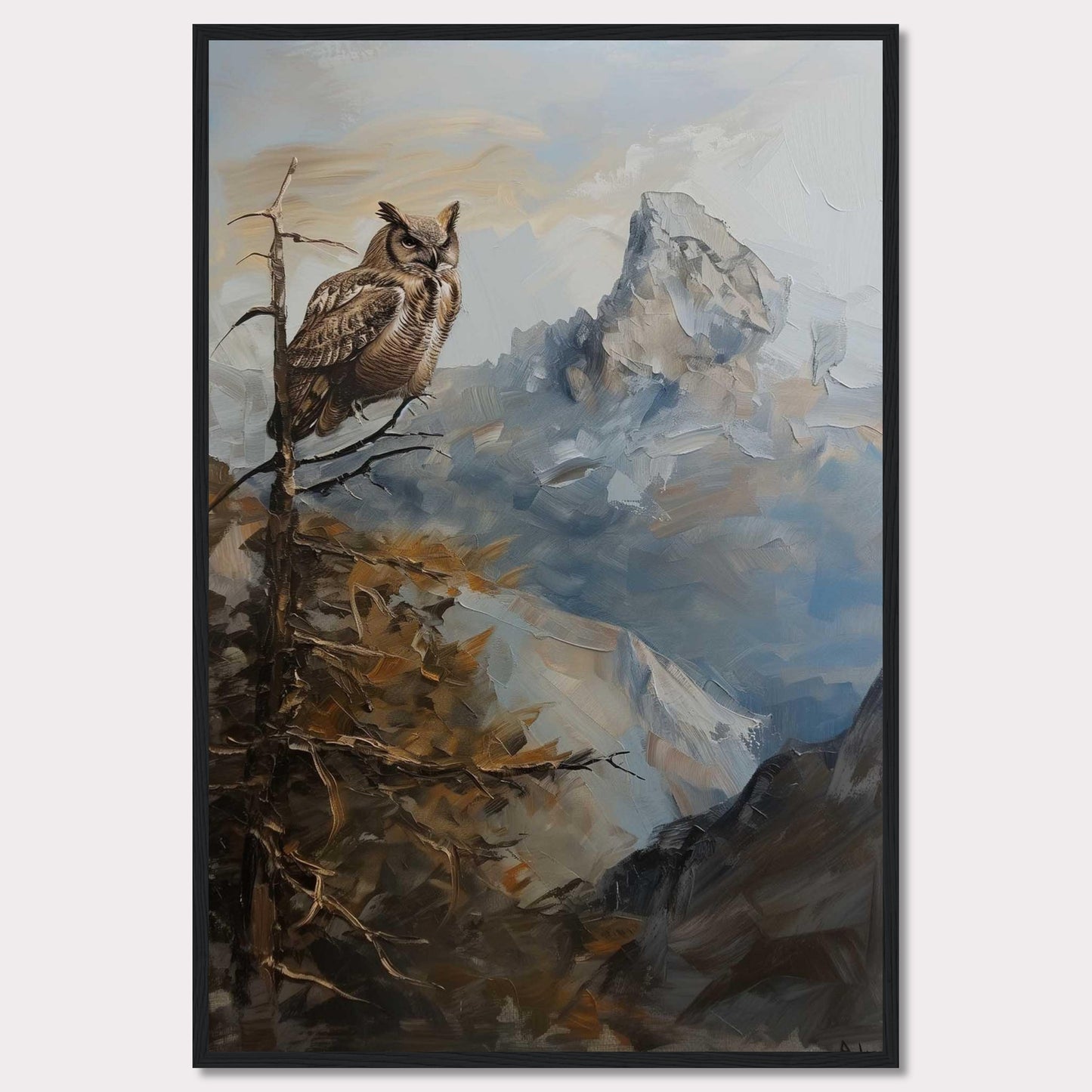 This captivating painting depicts a majestic owl perched on a branch, overlooking a rugged mountain landscape. The scene is rendered in rich, earthy tones and dynamic brushstrokes, capturing the serene yet powerful essence of nature.