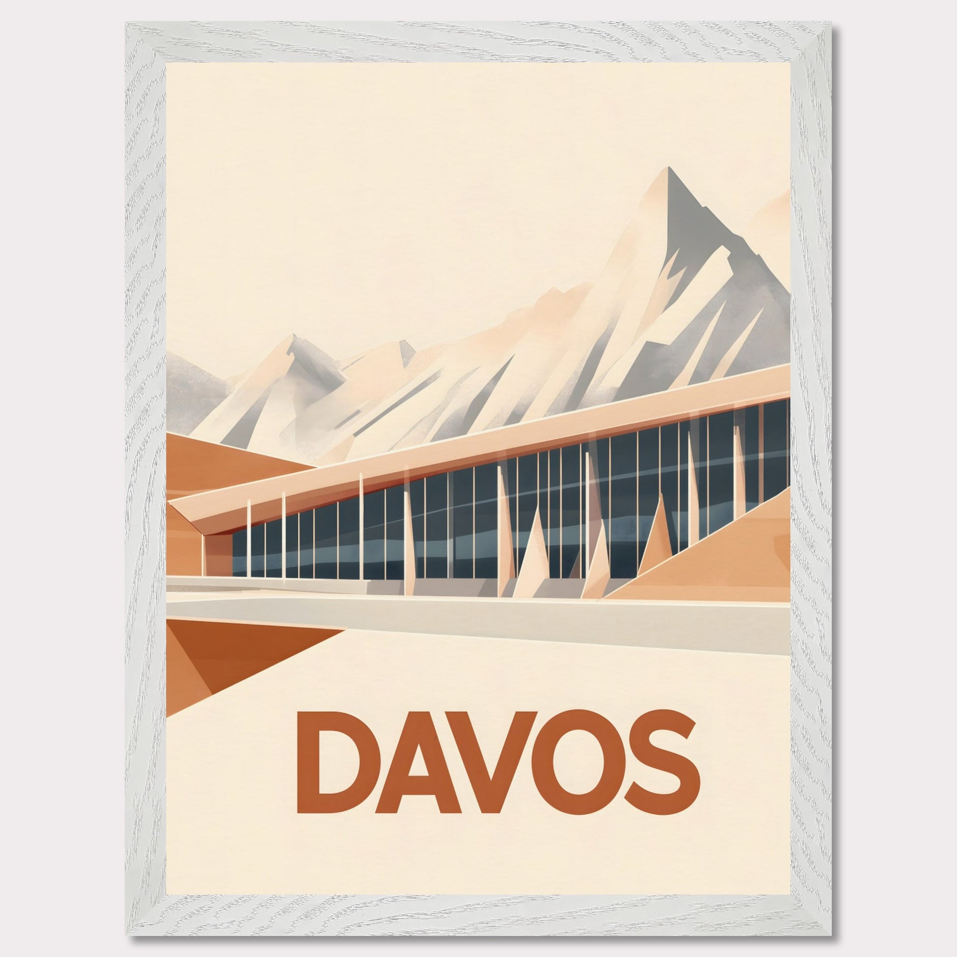 An artistic depiction of Davos, where a contemporary structure stretches along the base of snow-covered peaks. The smooth design of the building complements the sharp mountain ridges, creating a stunning contrast.