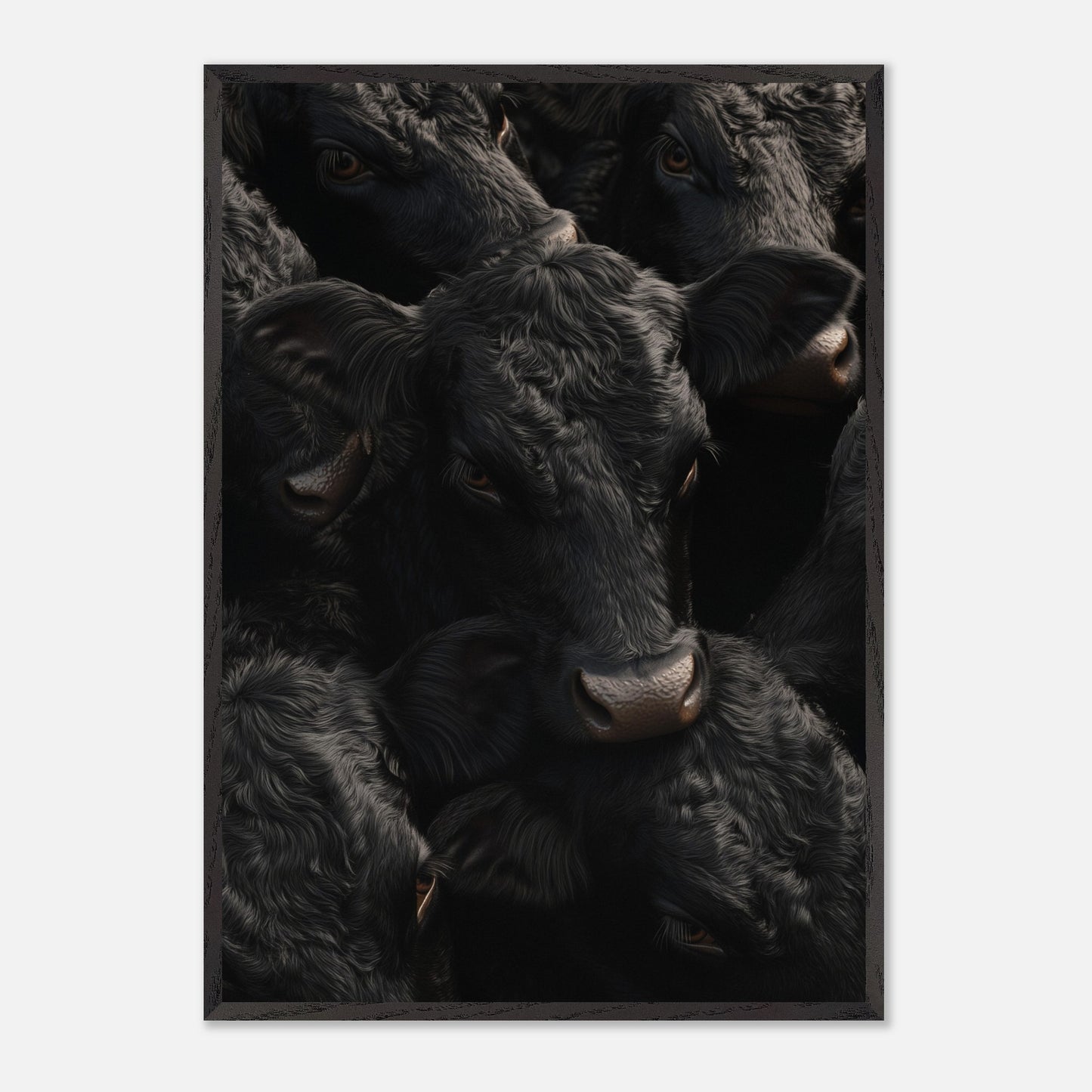 This captivating artwork features a close-up view of several black cows, their faces and textures intricately detailed. The image exudes a sense of unity and calmness among the animals.