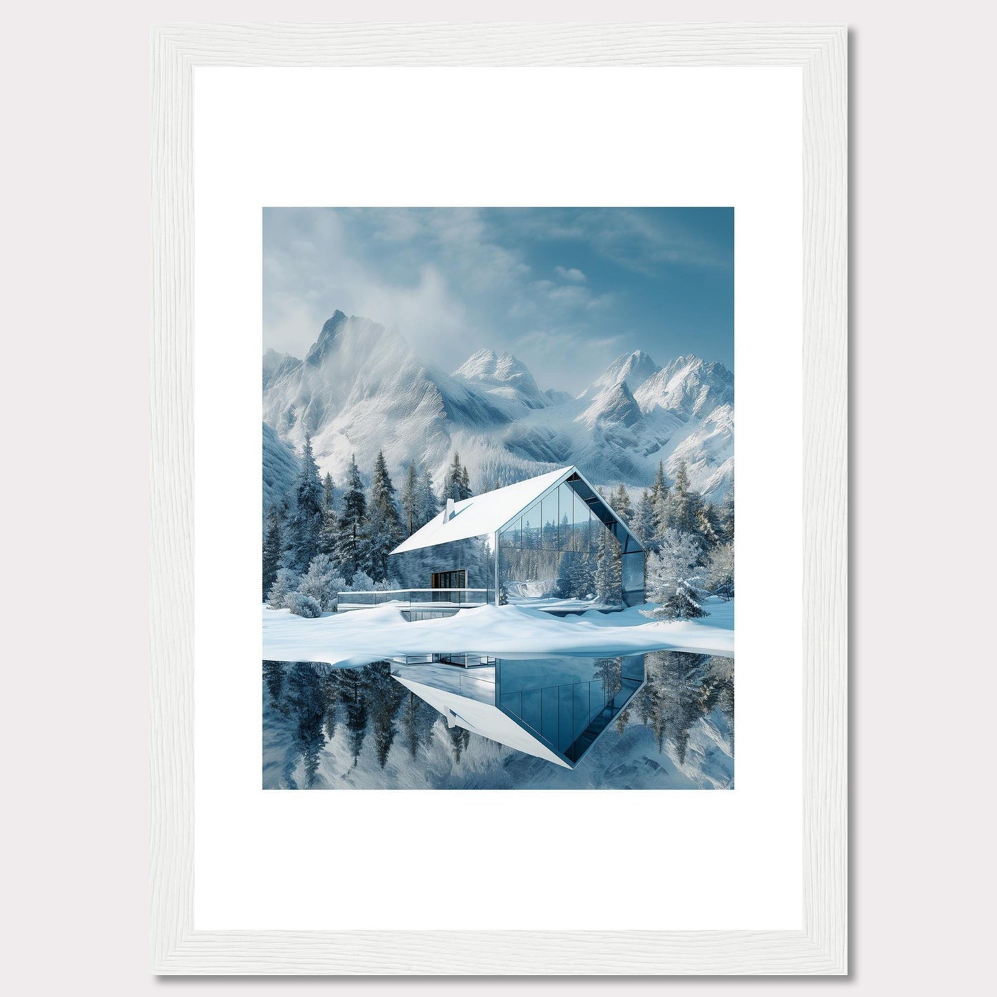 This stunning image showcases a modern glass house nestled in a serene snowy landscape, with majestic mountains in the background. The reflection of the house and trees on the calm water adds to the tranquil ambiance.