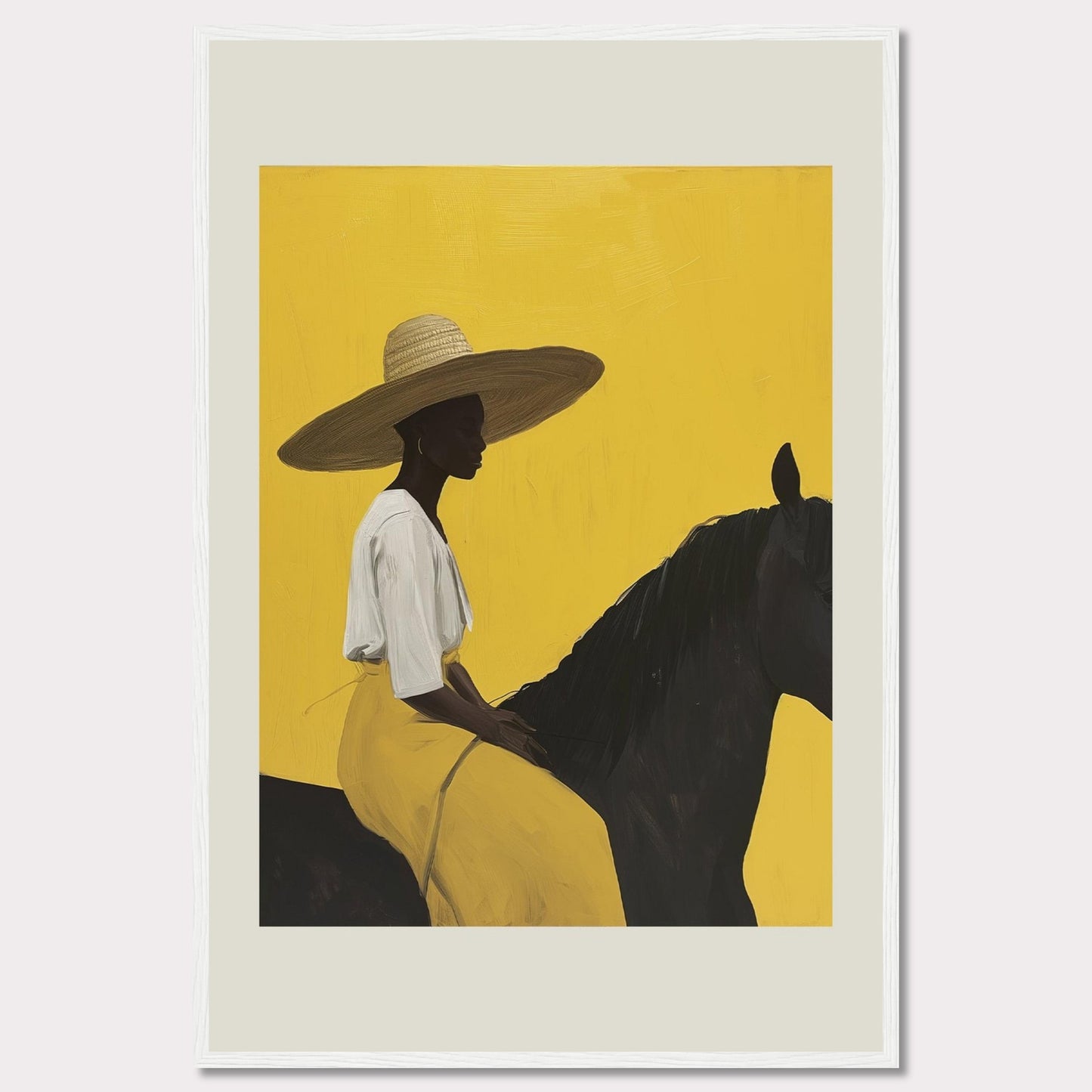 This striking artwork features a silhouette of a person wearing a wide-brimmed hat, seated on a dark horse against a vibrant yellow background. The figure is adorned in a white top and yellow skirt, exuding elegance and tranquility.