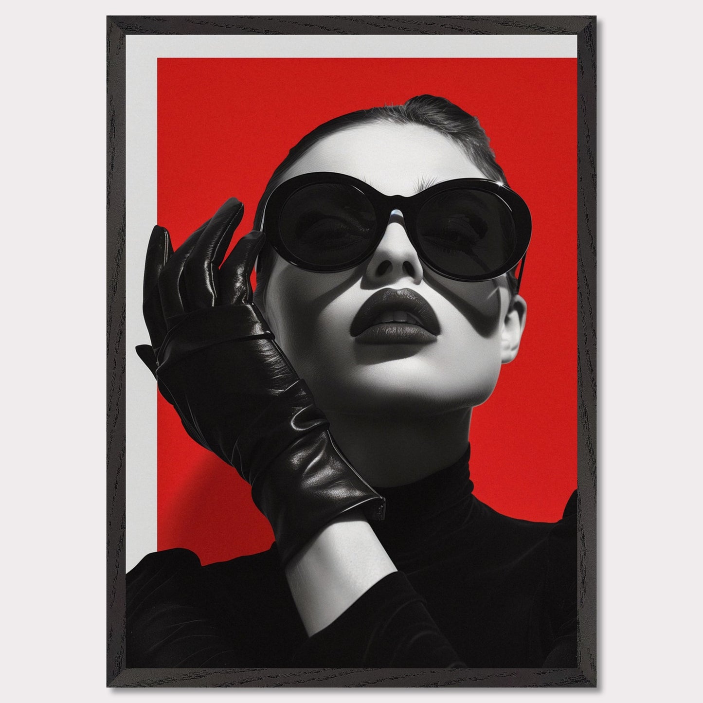 This striking black and white portrait features a stylish woman against a bold red background. Her look is accentuated by oversized sunglasses, dark lipstick, and sleek leather gloves, exuding an air of mystery and sophistication.