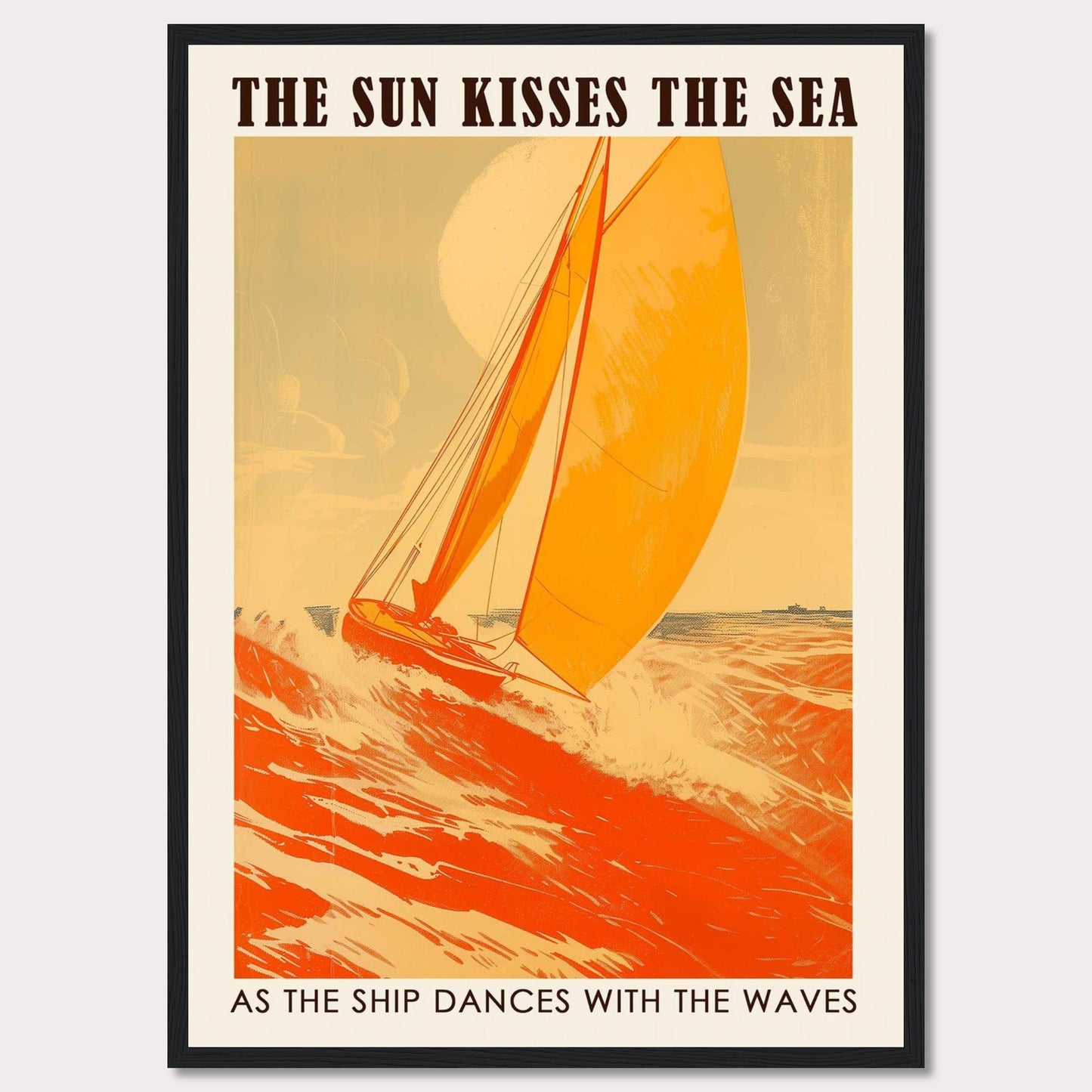 This vibrant poster captures the essence of sailing with a bright orange sailboat cutting through the waves under a warm sun. The bold text reads, "THE SUN KISSES THE SEA" and "AS THE SHIP DANCES WITH THE WAVES," evoking a sense of adventure and freedom.