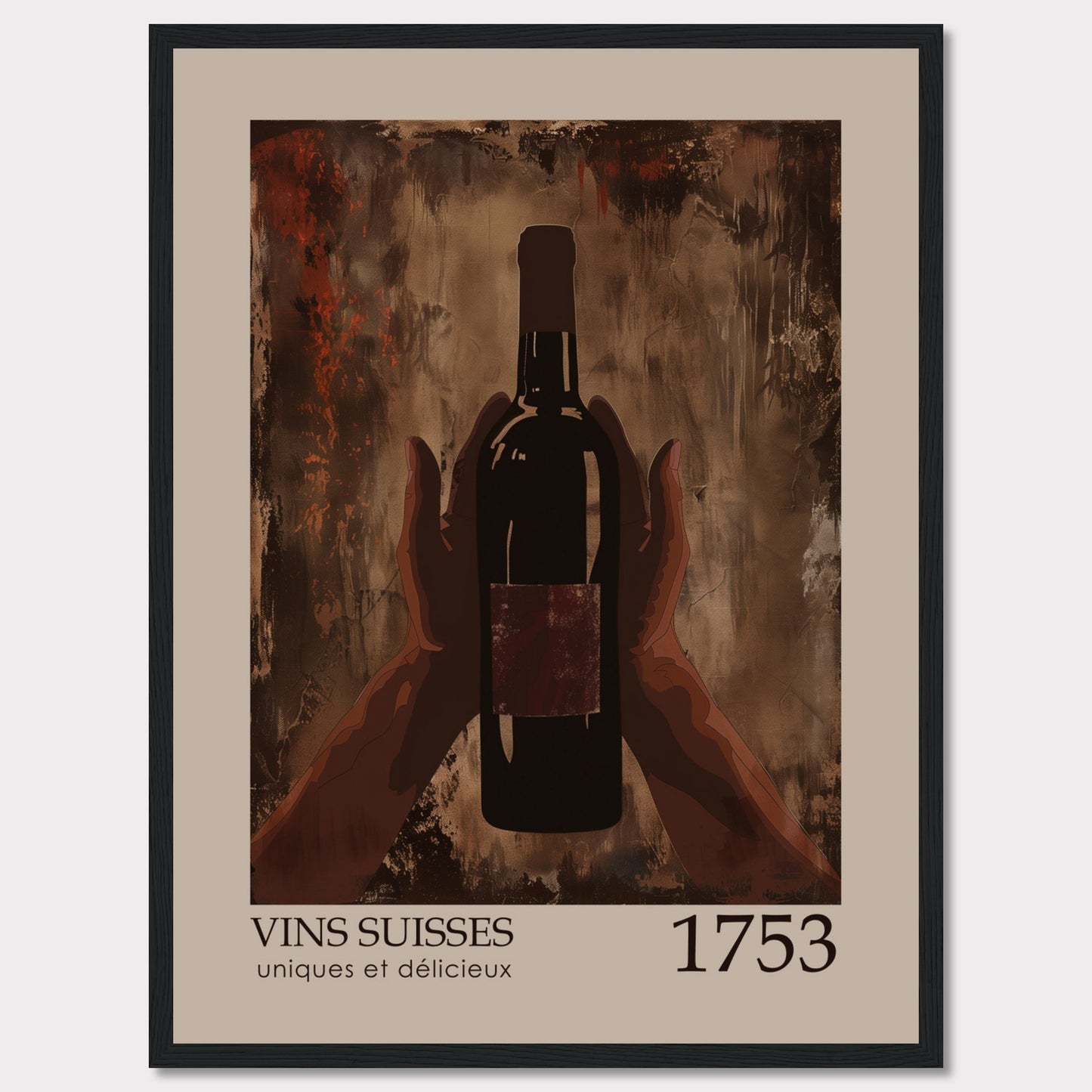 This image showcases a framed poster featuring a bottle of wine held by two hands against an abstract, textured background.