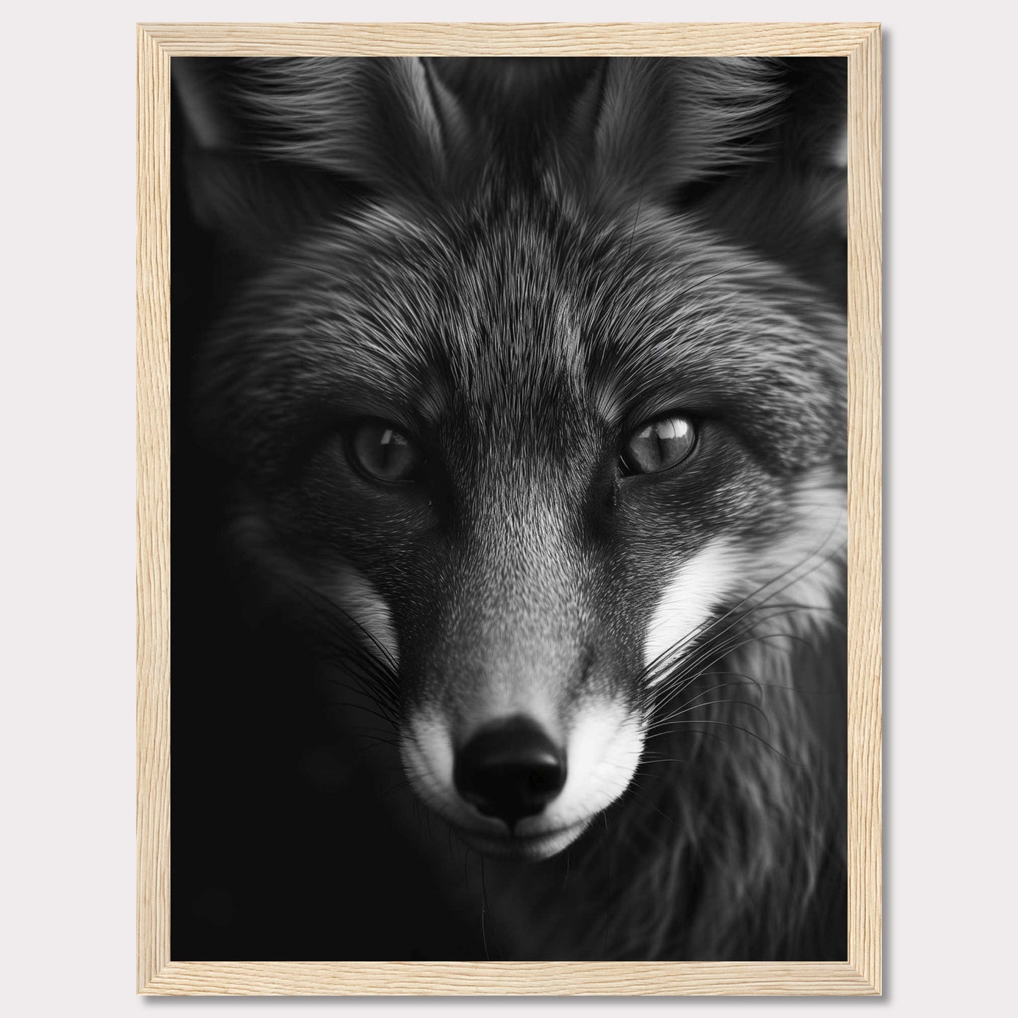 This striking black and white portrait captures the intense gaze of a fox, showcasing its majestic and enigmatic beauty. The detailed fur texture and sharp eyes draw you into the wild essence of this captivating creature.