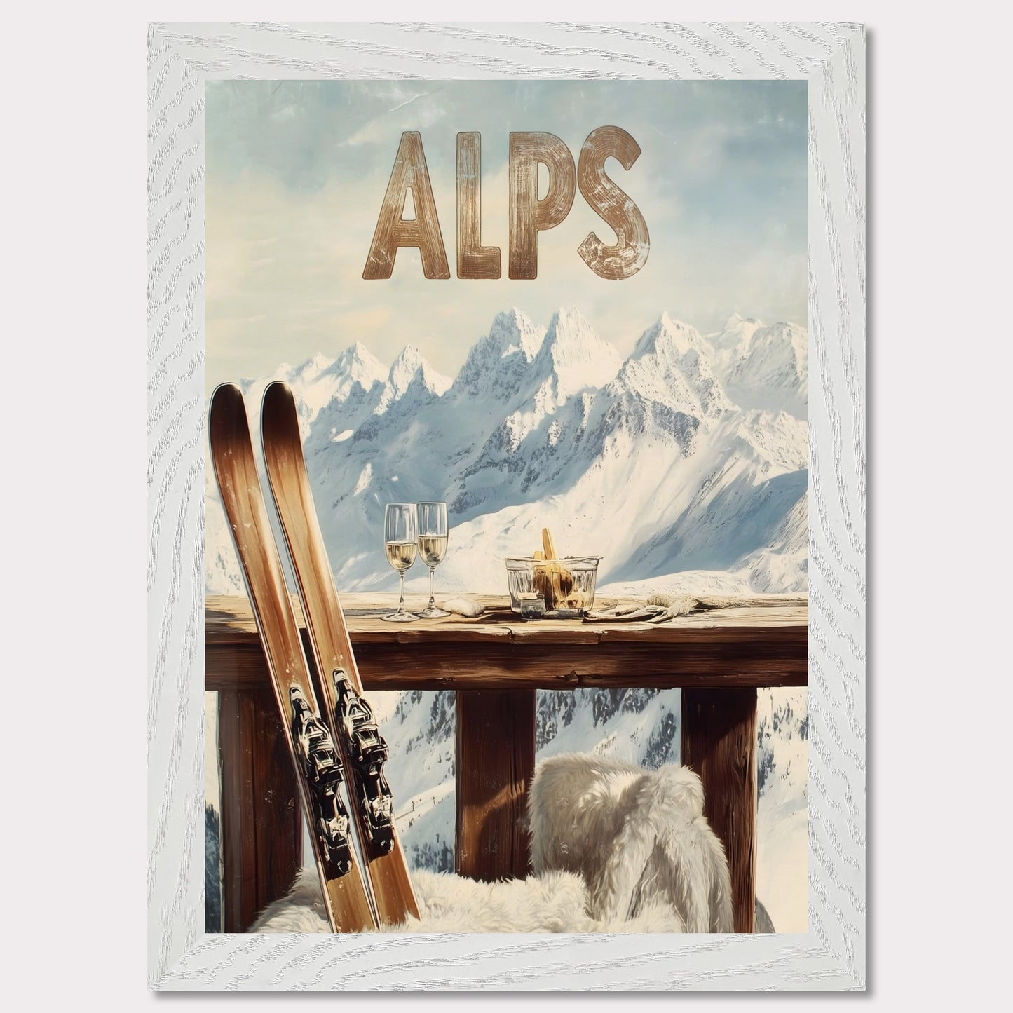 This vibrant poster captures the charm of après-ski culture with a rustic wooden terrace overlooking snow-covered mountains. The warm textures of fur throws and the elegant wine glasses create an inviting post-ski ambiance.