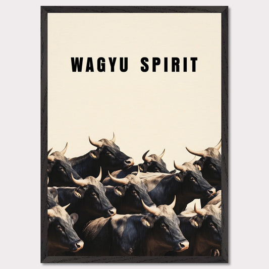 This illustration shows a group of black cattle with horns, set against a light background. The text "WAGYU SPIRIT" is prominently displayed at the top.

This poster will fit well in a kitchen, dining area, restaurant, or any space related to food and culinary arts.