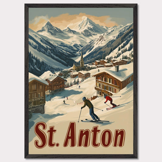 This captivating poster showcases the thrill of skiing in St. Anton, with a group of skiers carving through the fresh powder beneath the dramatic peaks of the Alps. The background features a picturesque village of wooden chalets nestled among the snow, while the rich retro colors and typography emphasize the adventurous spirit of St. Anton as a premier ski destination. The poster evokes both the excitement of the slopes and the warmth of alpine hospitality.