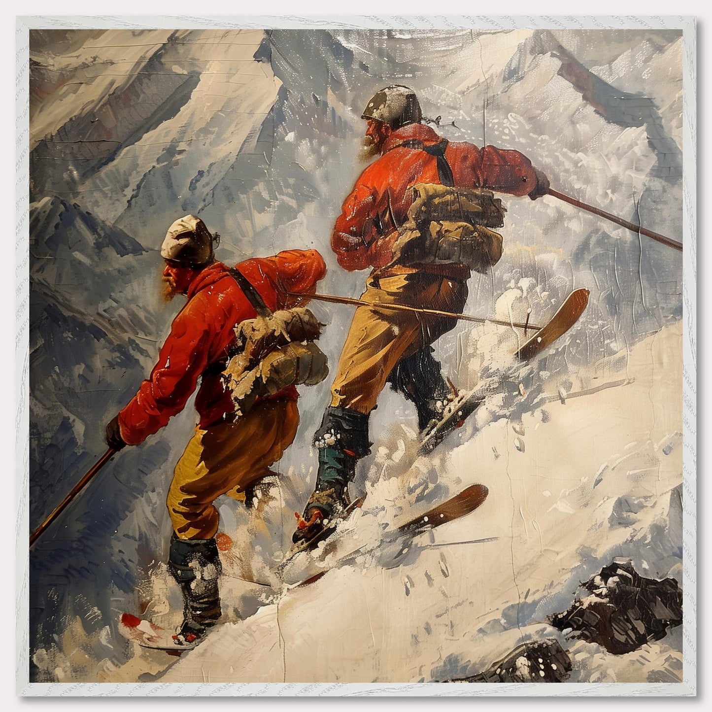 This captivating painting depicts two adventurers skiing down a steep, snowy mountain slope. They are dressed in bright red jackets and sturdy gear, emphasizing their readiness for the harsh conditions. The rugged mountain landscape in the background highlights the challenge and thrill of their descent.