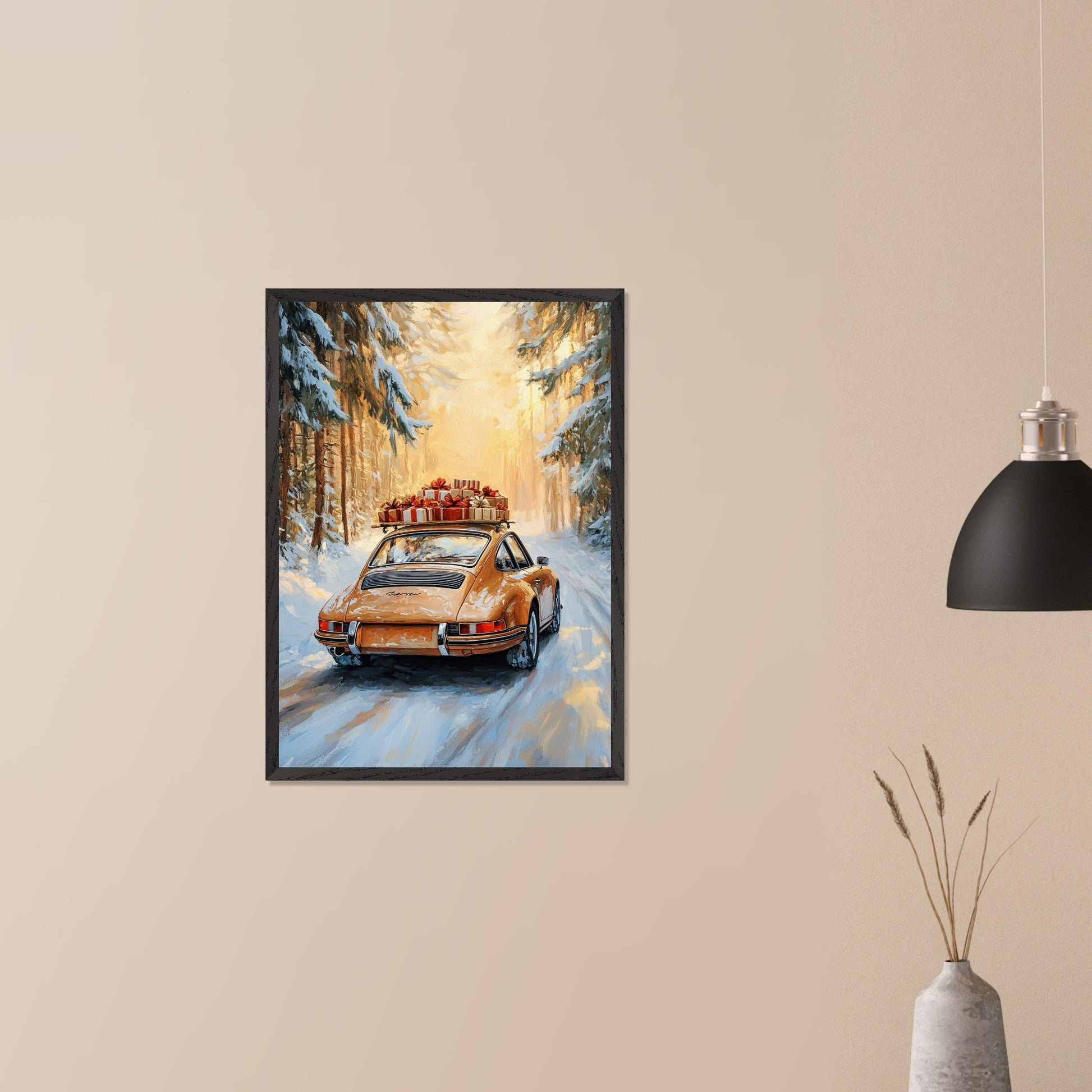 This festive poster showcases a yellow Porsche navigating a snow-covered path with holiday presents stacked on its roof. The warm glow from the trees lining the road creates a magical winter scene, while the "Merry Christmas" typography evokes the warmth and joy of the holiday season. The combination of sleek design and a peaceful winter landscape makes this a perfect holiday greeting.