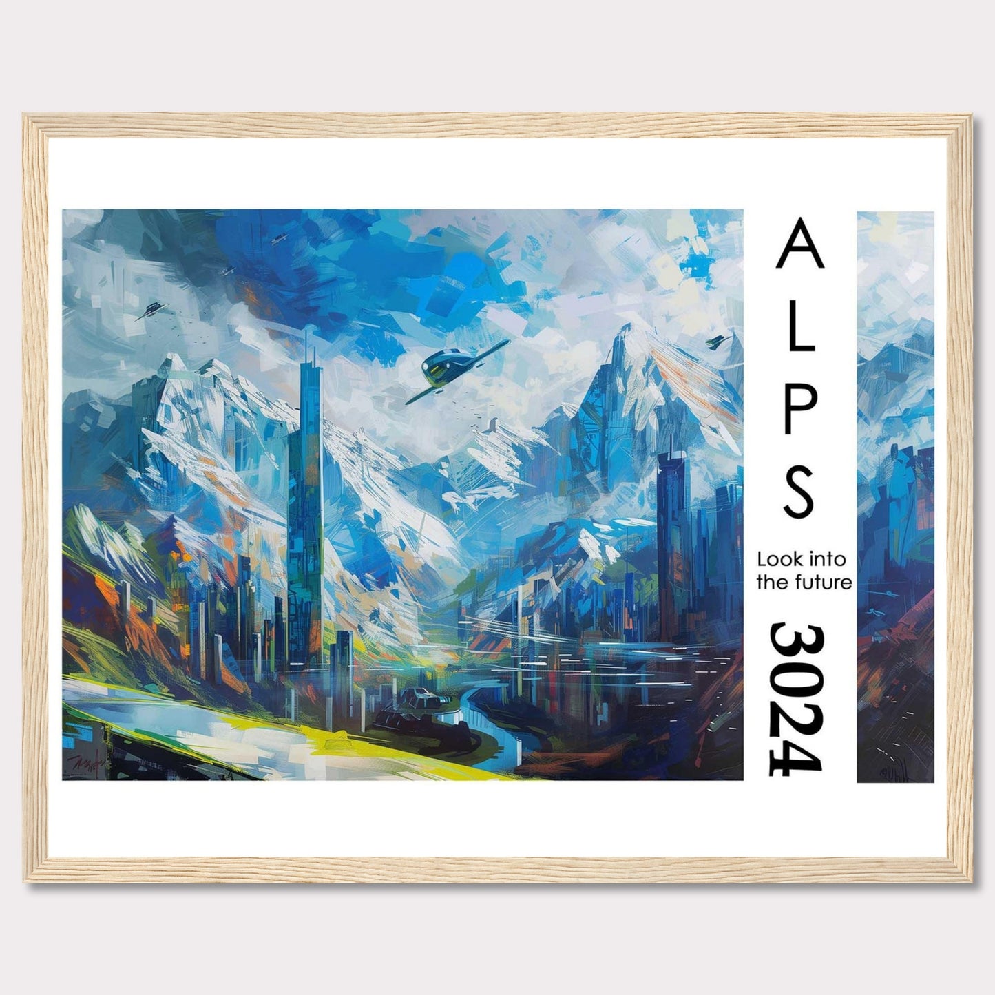 This artwork portrays a futuristic cityscape nestled within the majestic Alps, featuring towering skyscrapers, serene water bodies, and flying vehicles.