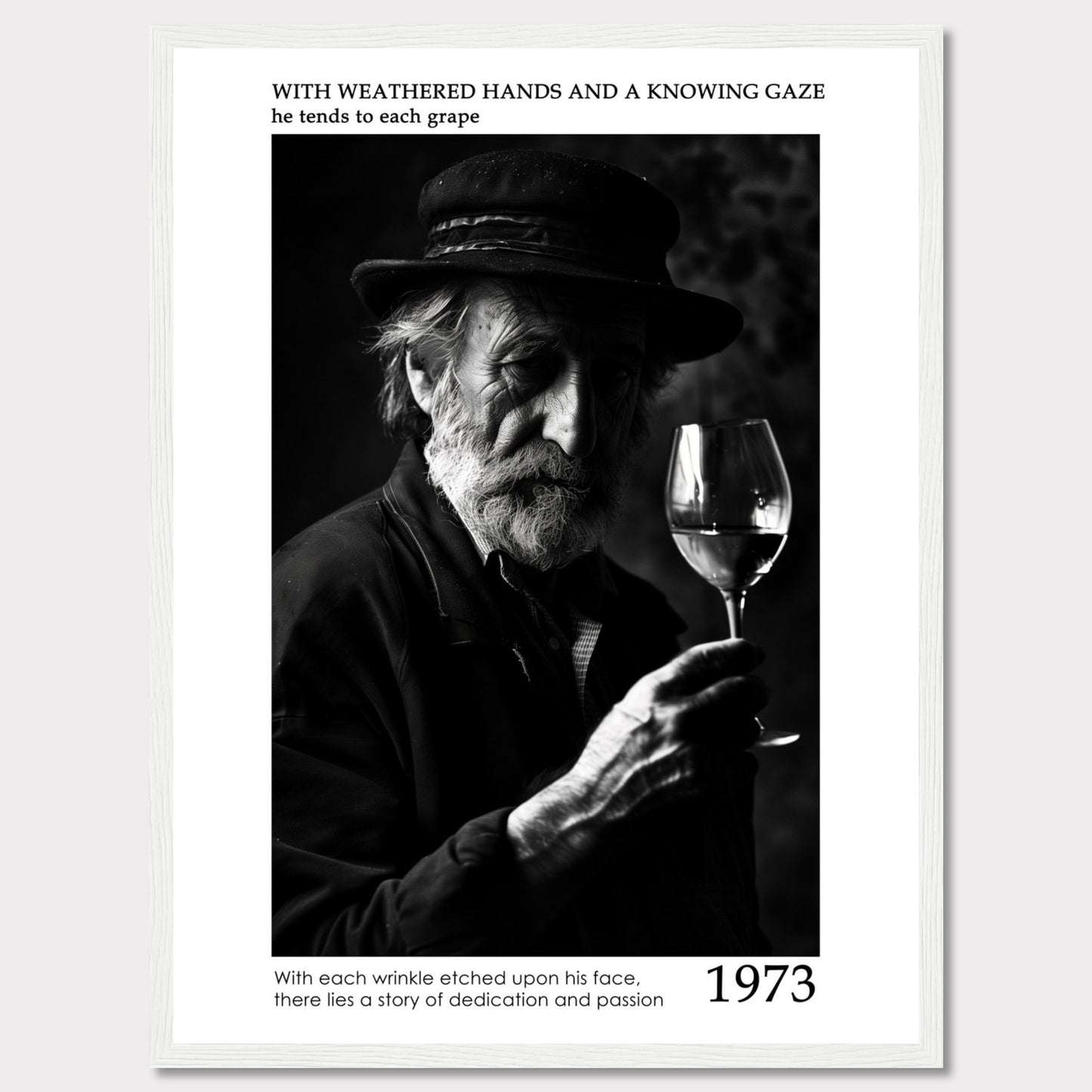 This evocative black-and-white photograph captures an elderly man with a weathered face, holding a glass of wine. His thoughtful gaze and the detailed wrinkles on his face tell a story of dedication and passion. The text accompanying the image reads: "With weathered hands and a knowing gaze he tends to each grape. With each wrinkle etched upon his face, there lies a story of dedication and passion." The year 1973 is prominently displayed.