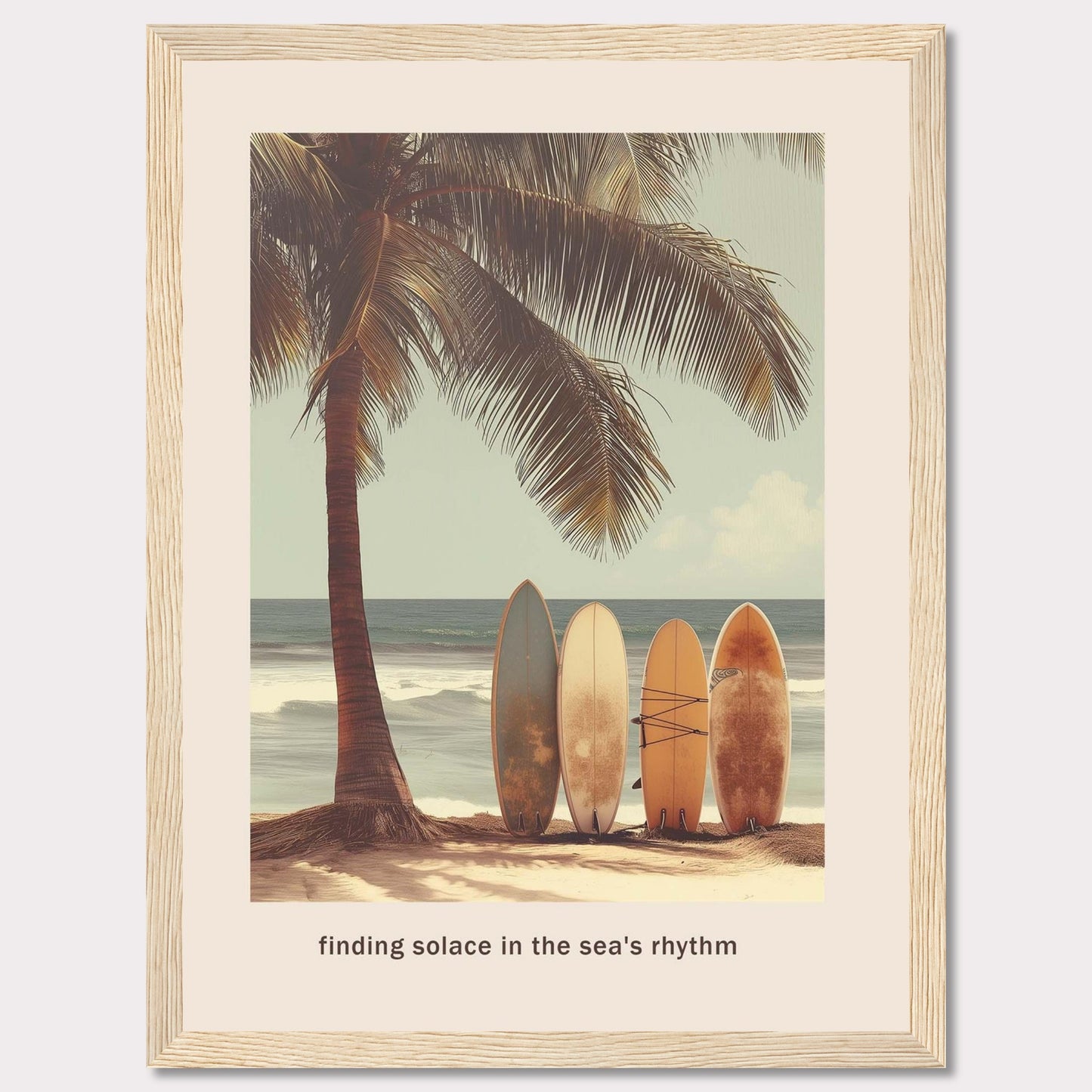 This image captures a serene beach scene with surfboards resting against a palm tree, inviting you to find peace in the ocean's rhythm.