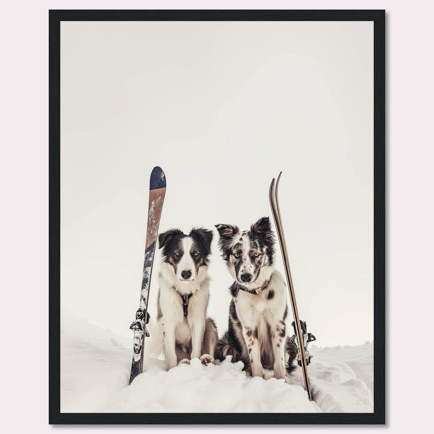 This charming photo captures two adorable dogs sitting in the snow with skis beside them, evoking a sense of adventure and playfulness. The scene is set against a serene snowy backdrop, highlighting the dogs and their playful expressions.