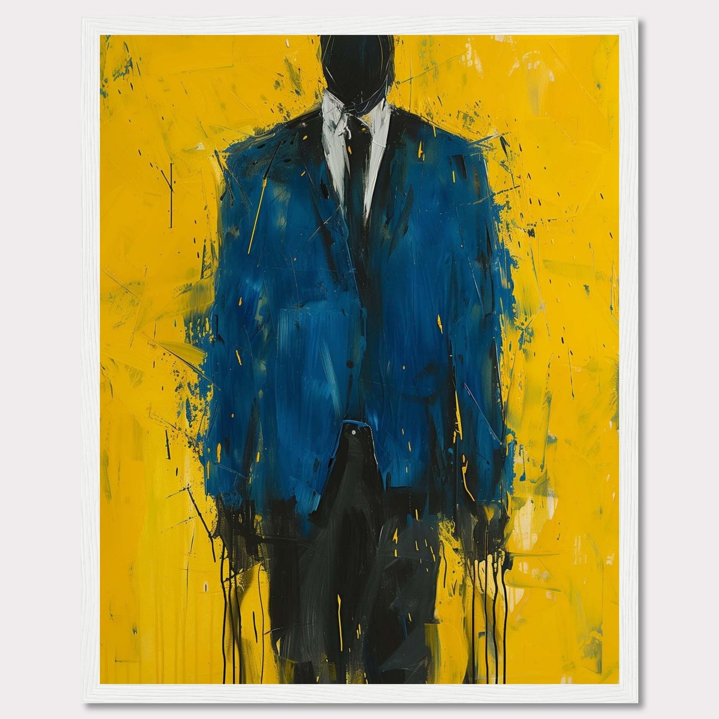 This striking painting features a faceless figure in a blue suit against a vibrant yellow background. The abstract style and bold colors create a powerful visual impact.