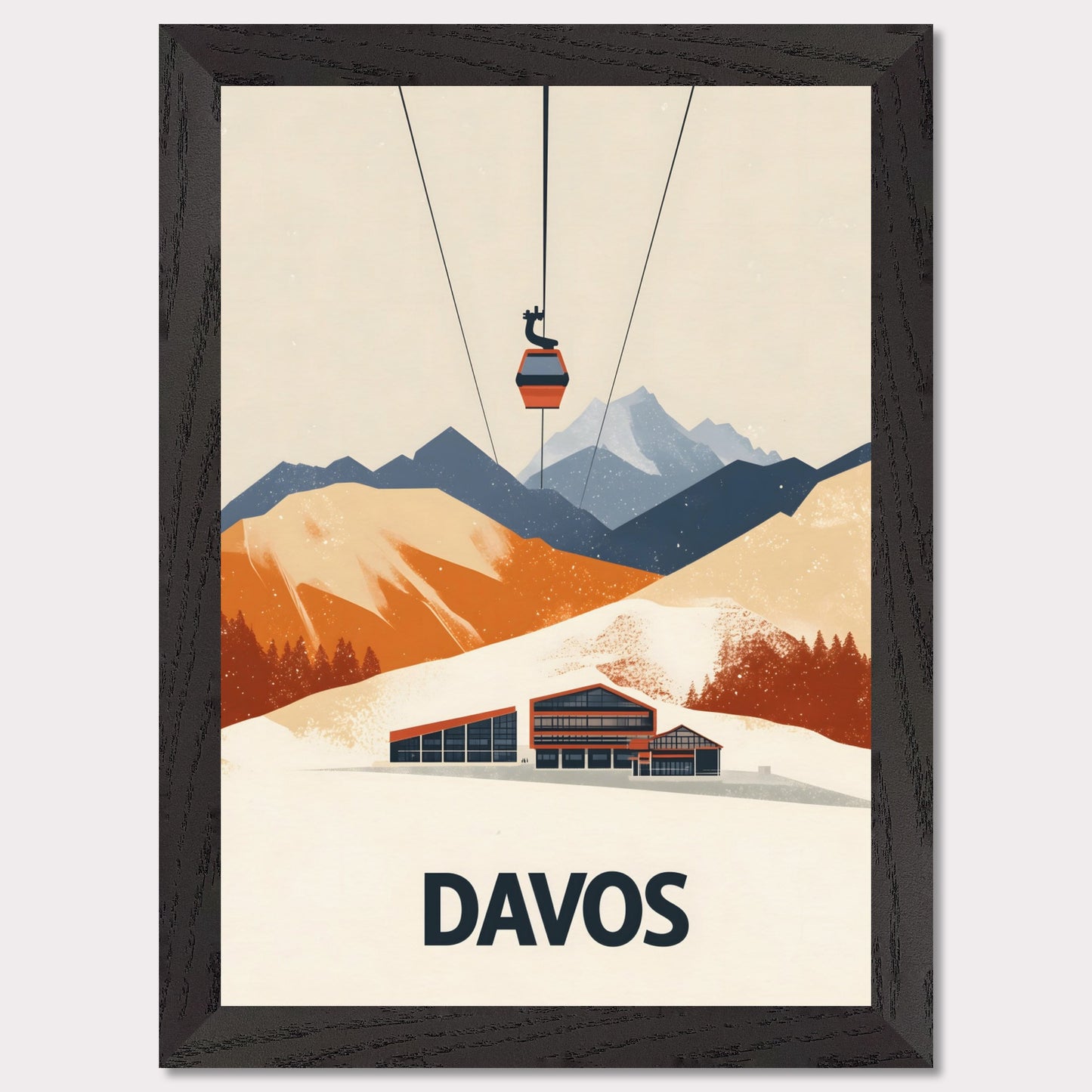 A stunning visual of a winter resort in Davos, nestled among snow-covered mountains. A cable car ascends above, symbolizing the excitement of skiing and high-altitude adventures.