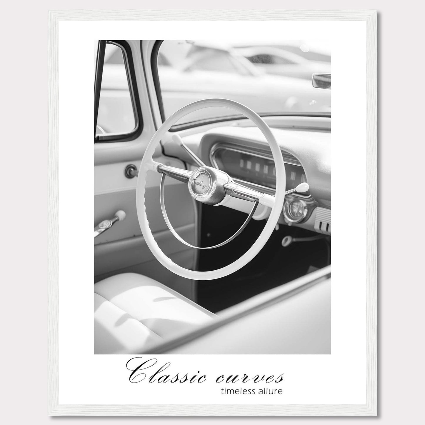 This image features a black and white photograph of a vintage car interior, focusing on the classic steering wheel. The photo exudes a sense of nostalgia and elegance.