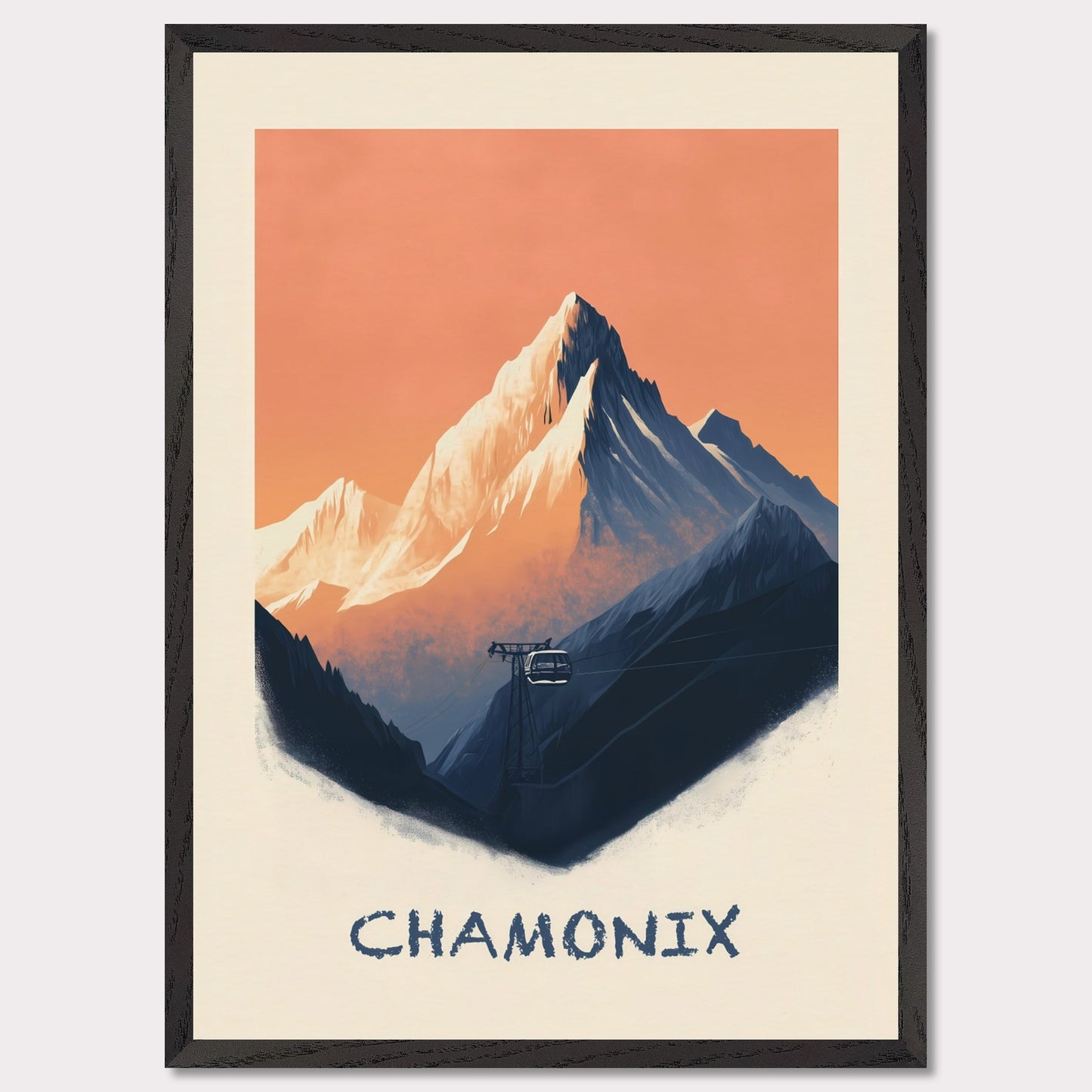 This breathtaking poster captures the rugged majesty of Chamonix, with the towering snow-capped peaks set against a warm, pastel sky. A cable car ascends through the mist, symbolizing adventure, exploration, and the timeless allure of the Alps.