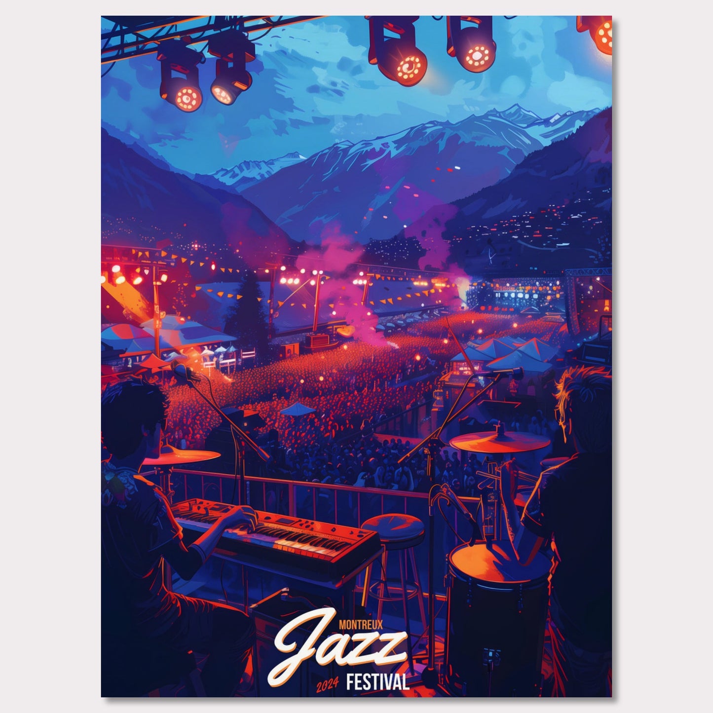 Experience the magic of the Montreux Jazz Festival 2024! This vibrant poster captures the essence of a live performance with a stunning mountain backdrop, colorful stage lights, and an enthusiastic crowd. Feel the rhythm, join the celebration, and be part of this unforgettable musical journey!