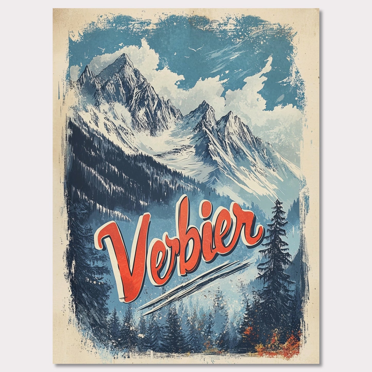 This striking vintage poster captures the breathtaking beauty of Verbier’s mountain peaks. With a bold orange and blue color palette, the image of towering snowy peaks framed by evergreen trees invites adventure and awe. The vintage typography emphasizes Verbier’s allure as a destination for both exploration and relaxation, making this an ideal representation of the Swiss Alps' majestic landscapes.